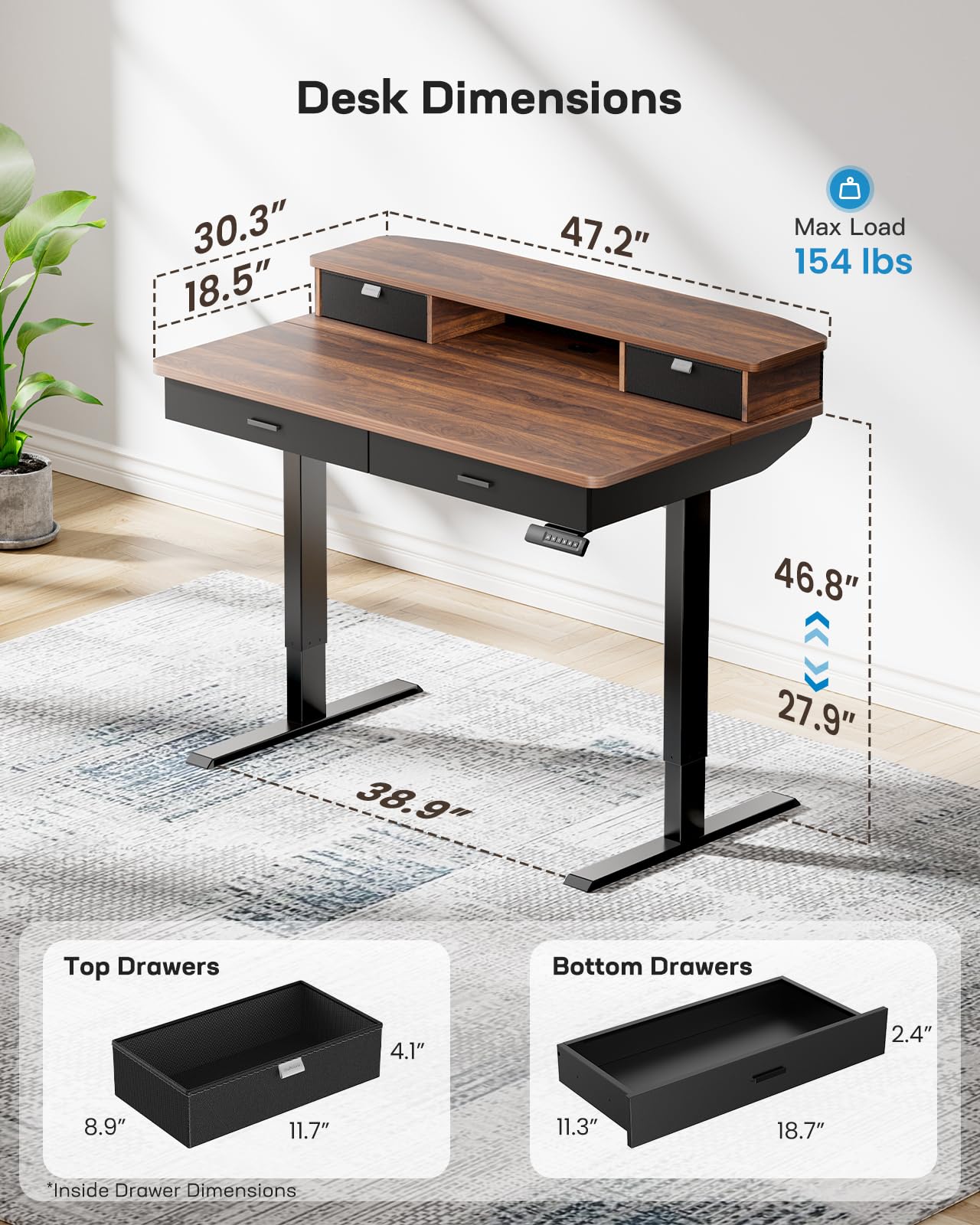 Standing Desk with 4 Drawers - 48 x 30 inch