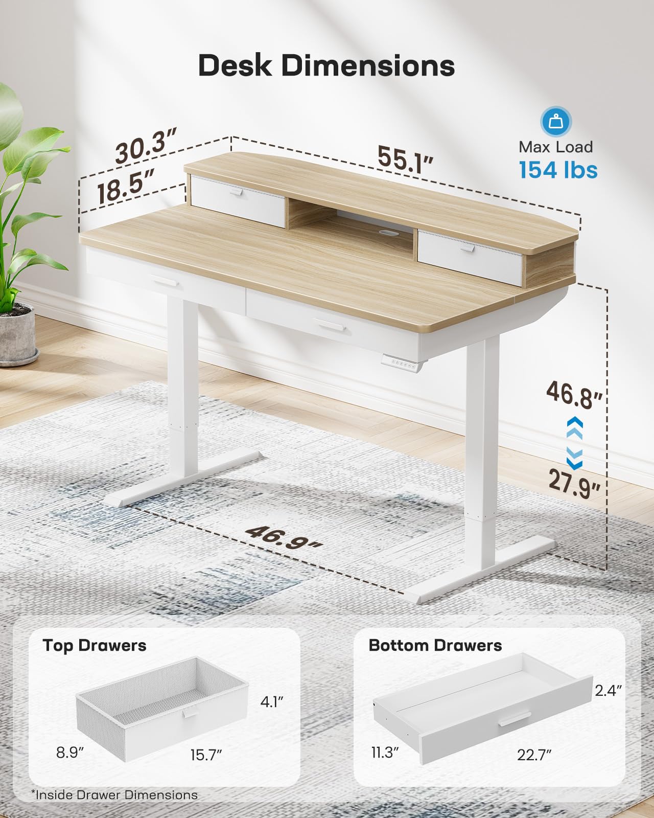 Standing Desk with 4 Drawers - 48 x 30 inch
