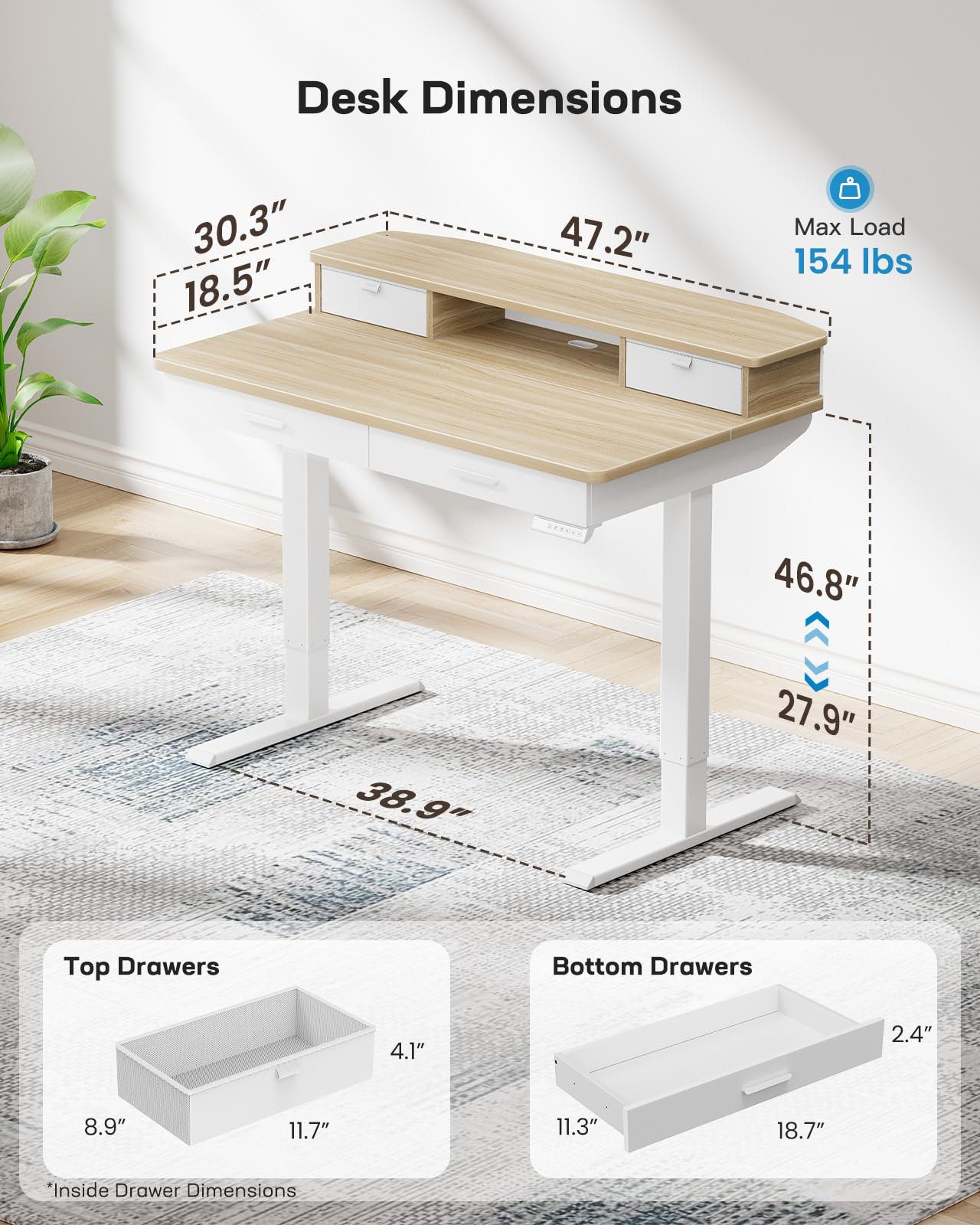 Standing Desk with 4 Drawers - 48 x 30 inch