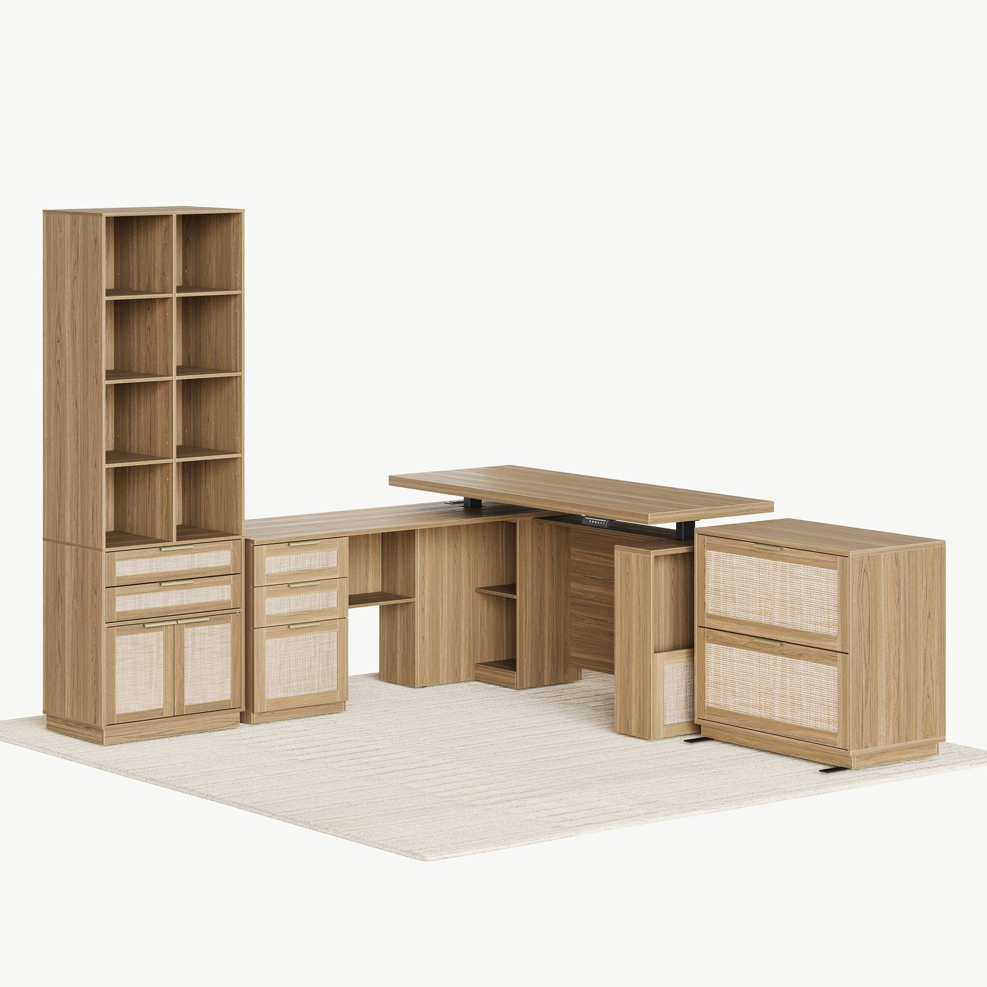 63" desk+73" Bookshelf+2 Drawers / Rattan - Light Walnut