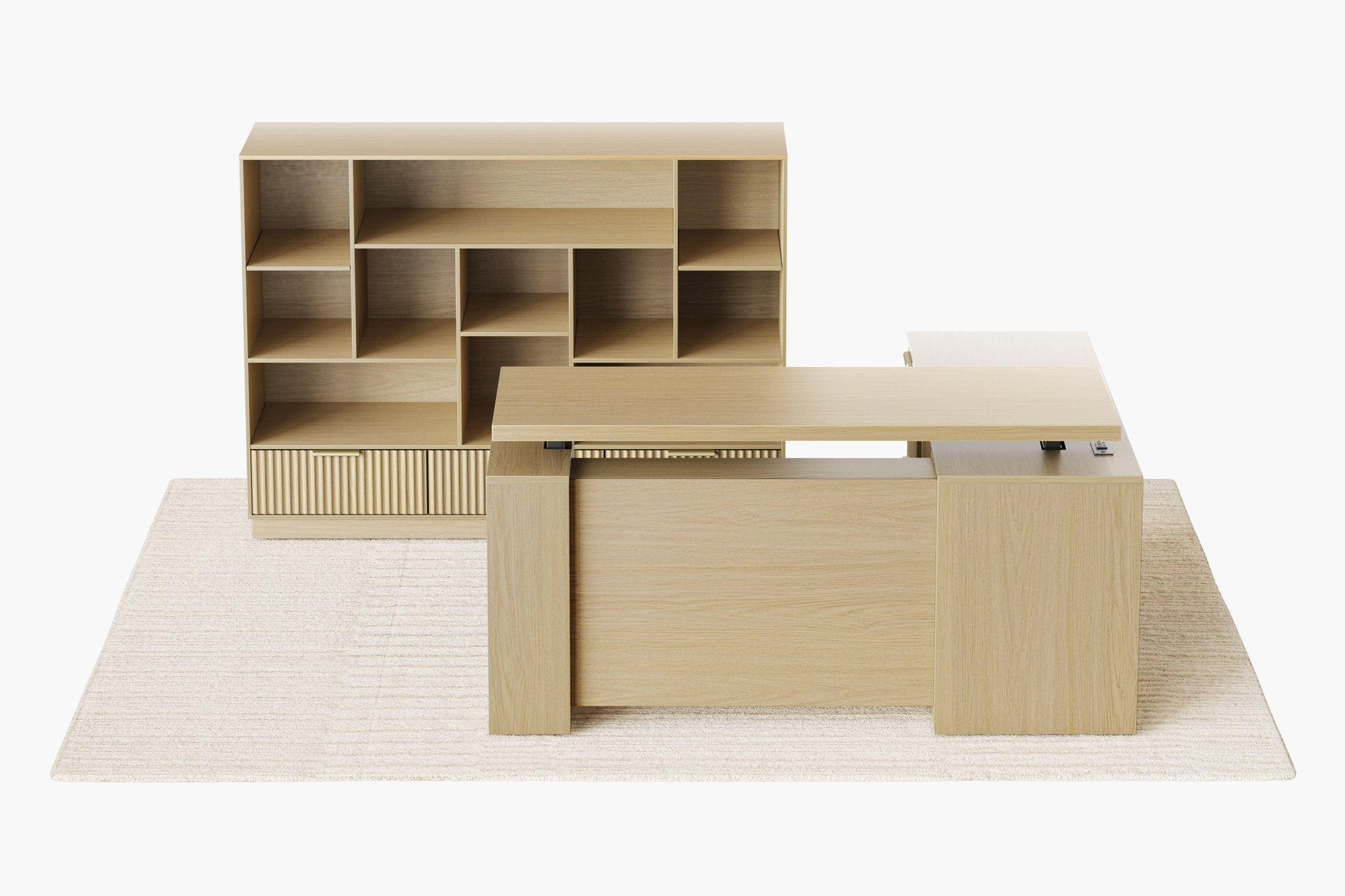 63" Desk + 60" Wide Bookshelf / Fluted - Natural Oak