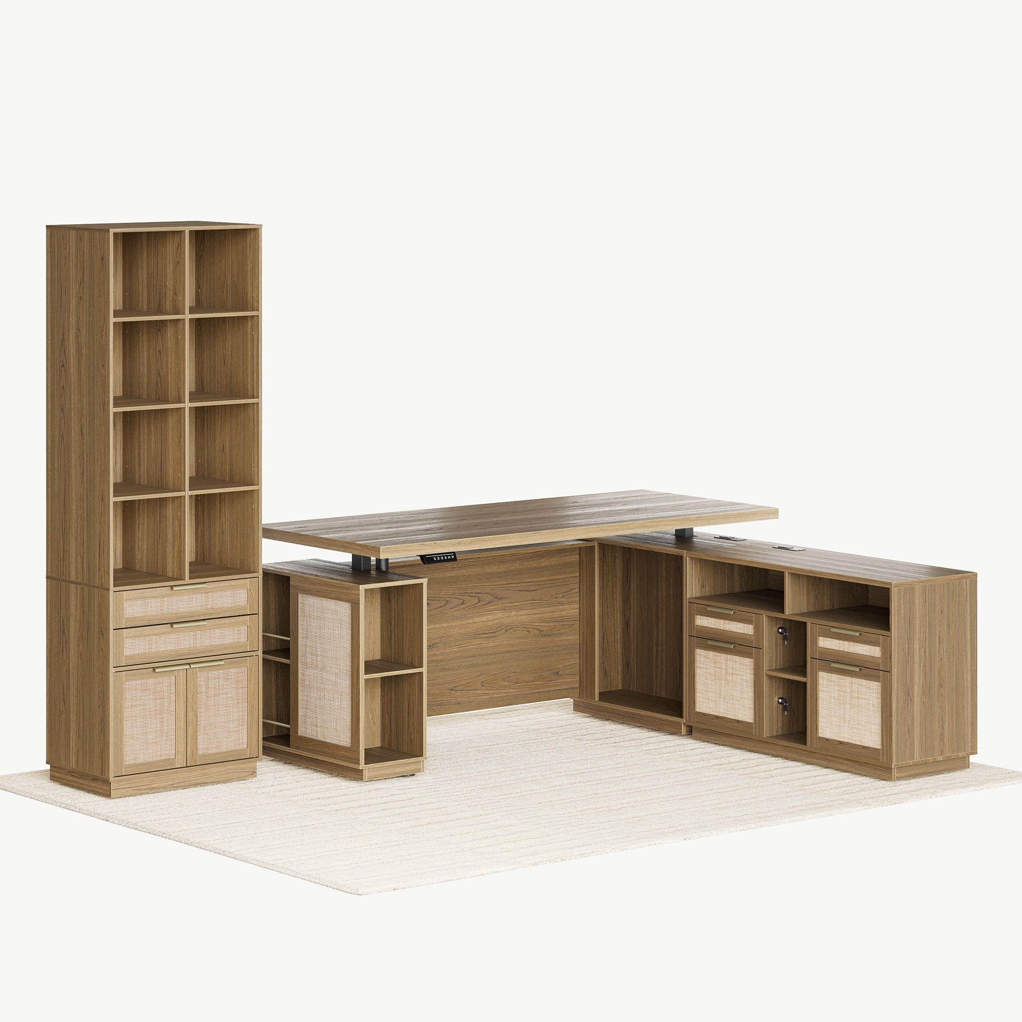 70" Desk + 73" Tall Fluted Bookshelf / Rattan - Light Walnut