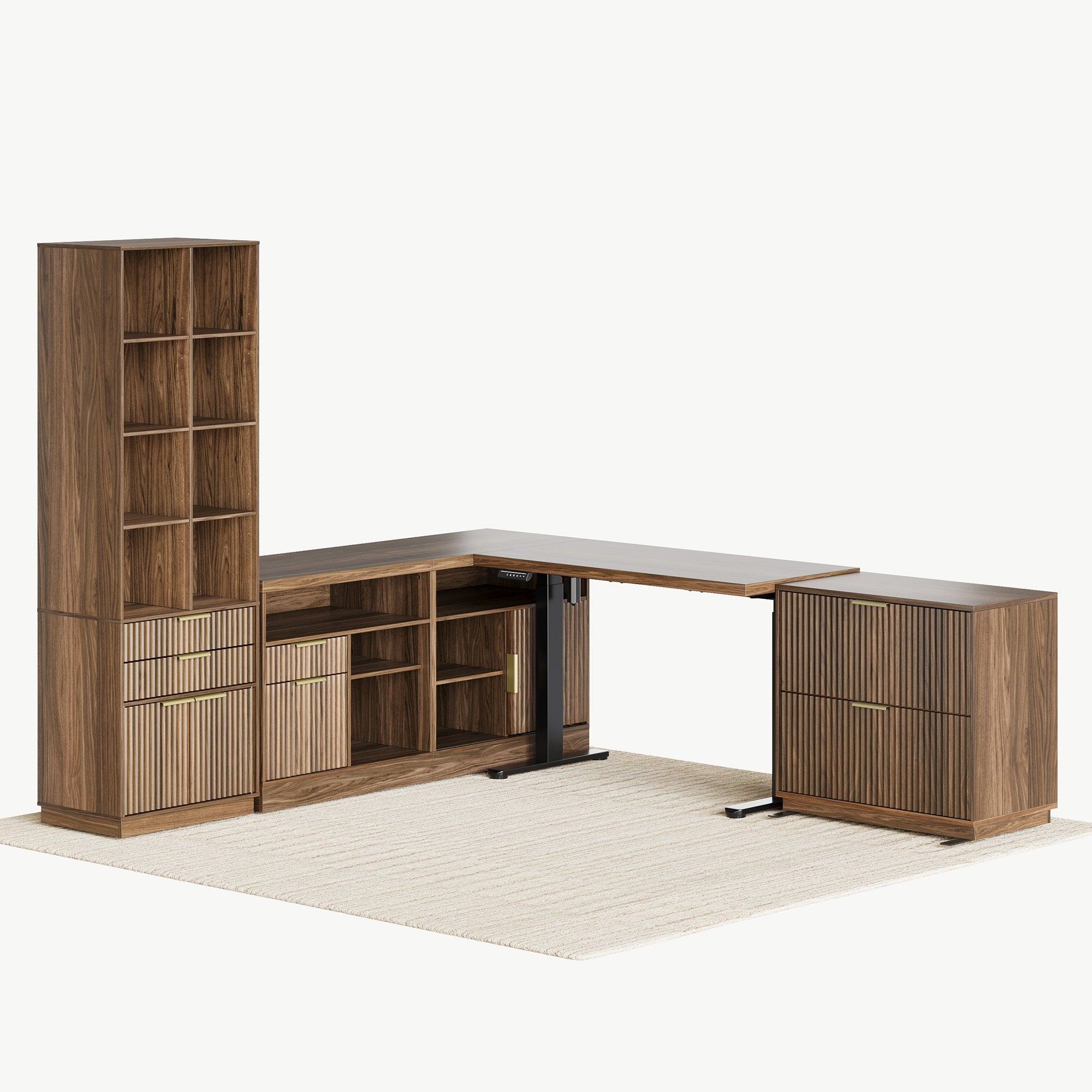 67" desk+73" Bookshelf+2 Drawers / Fluted - Dark Walnut