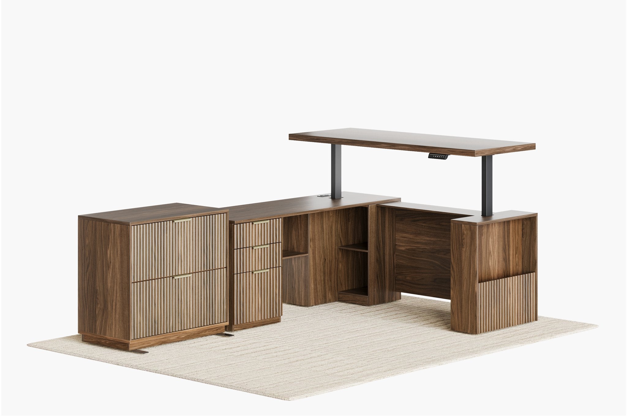 63" Desk + 2 Drawer Wood File Cabinet / Fluted - Dark Walnut