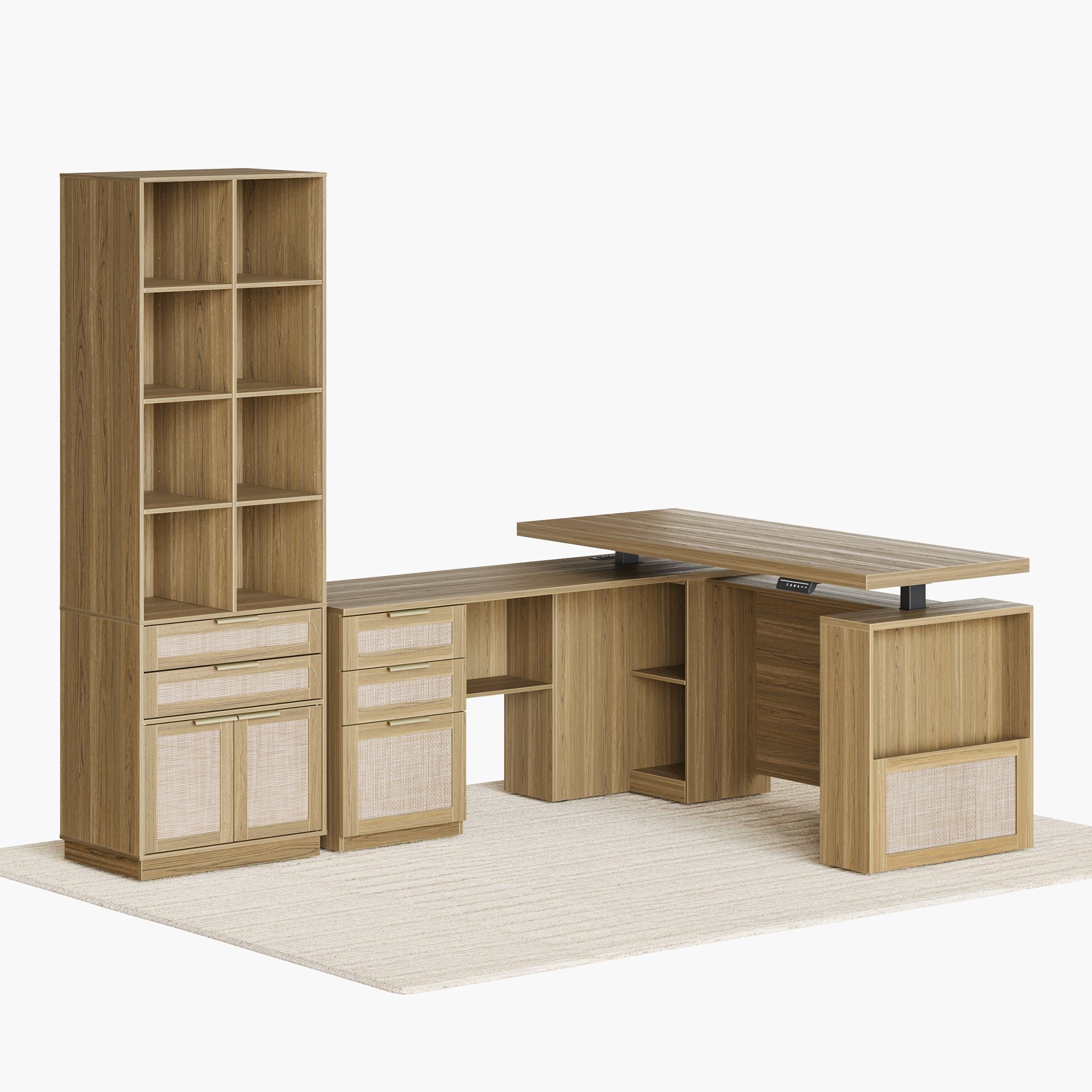 63" Desk + 73" Tall Fluted Bookshelf / Rattan - Light Walnut