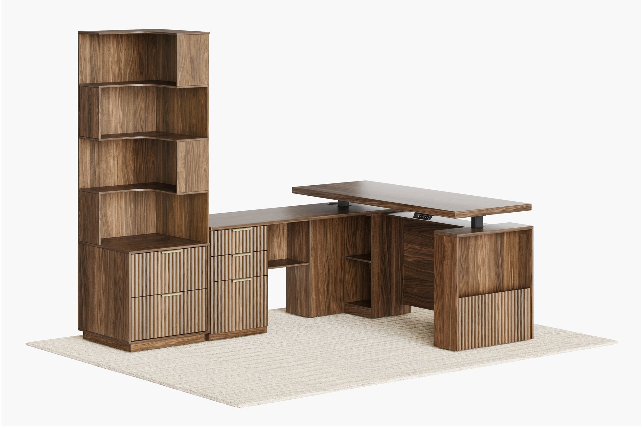 63" Desk + 6 Tier Corner Bookshelf / Fluted - Dark Walnut
