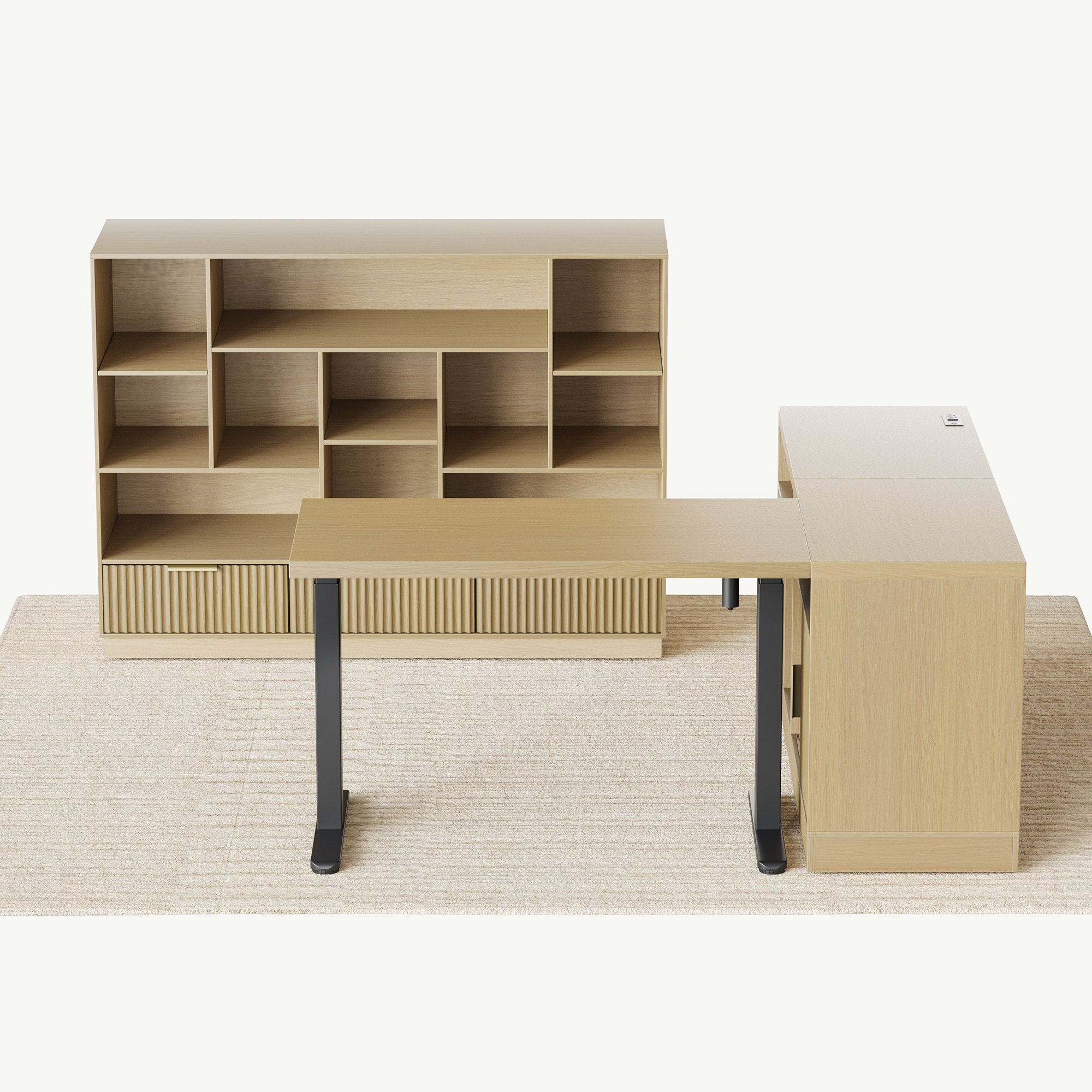 67" Desk + 60" Wide Bookshelf / Fluted - Natural Oak
