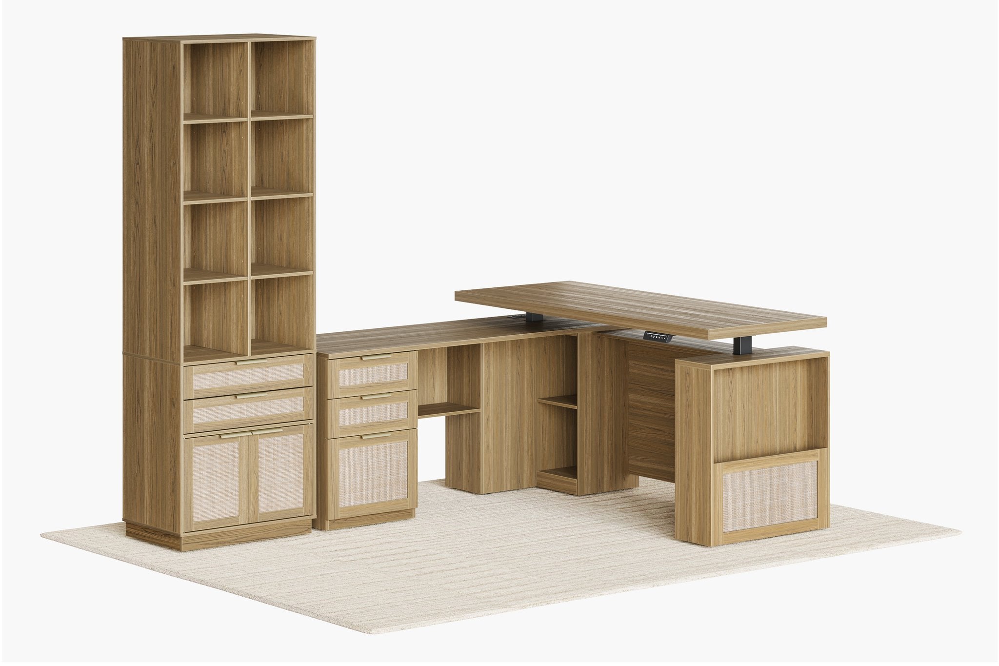 63" Desk + 6 Tier Corner Bookshelf / Rattan - Light Walnut