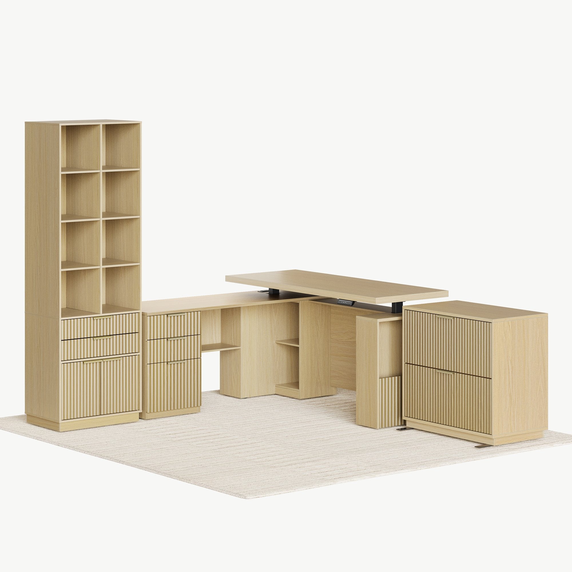 63" desk+73" Bookshelf+2 Drawers / Fluted - Natural Oak