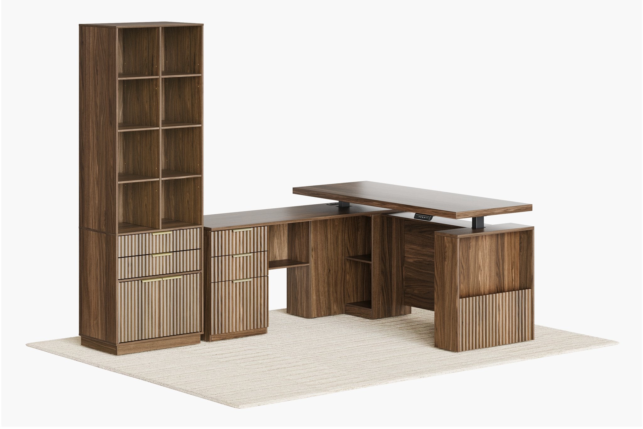 63" Desk + 73" Tall Fluted Bookshelf / Fluted - Dark Walnut
