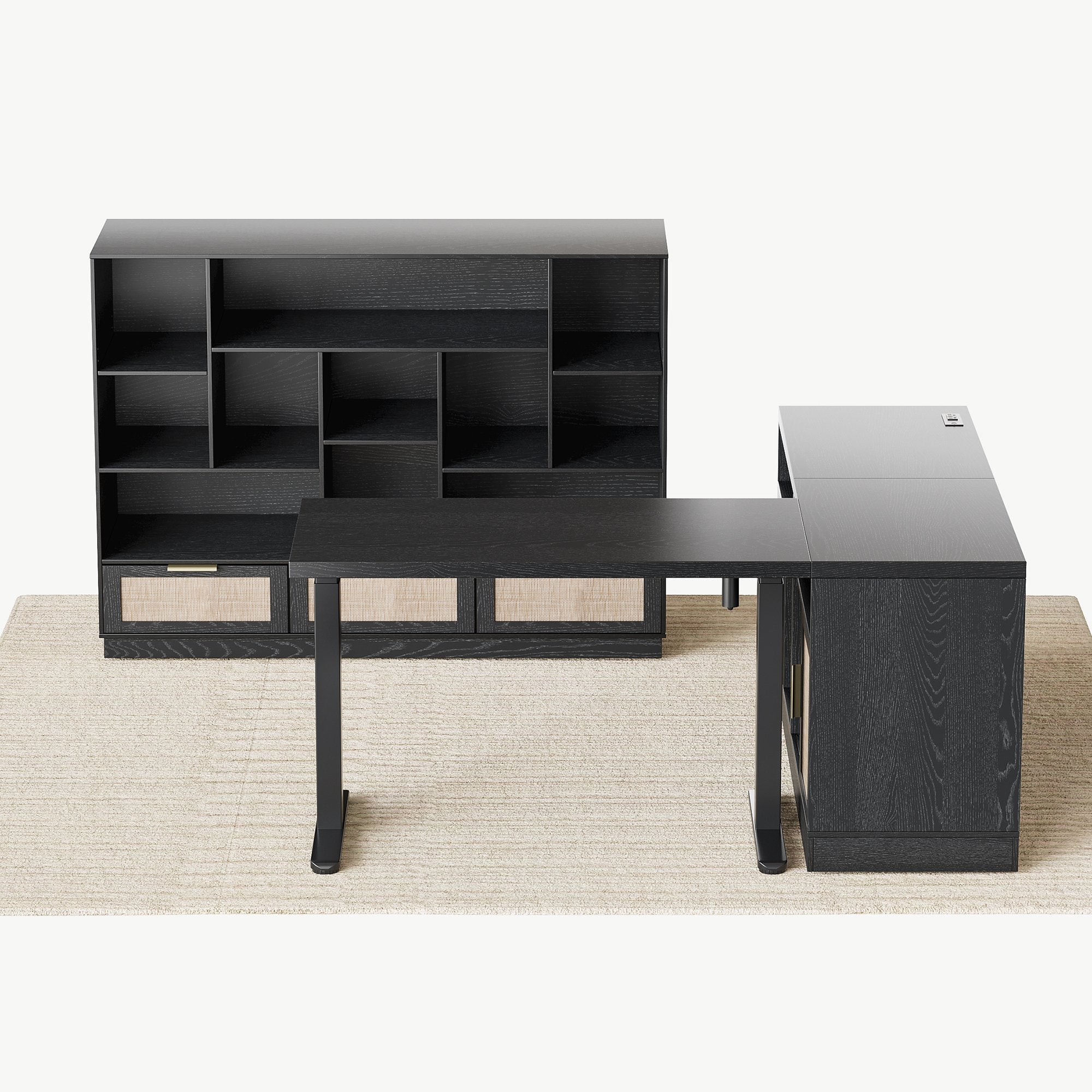 67" Desk + 60" Wide Bookshelf / Rattan - Black