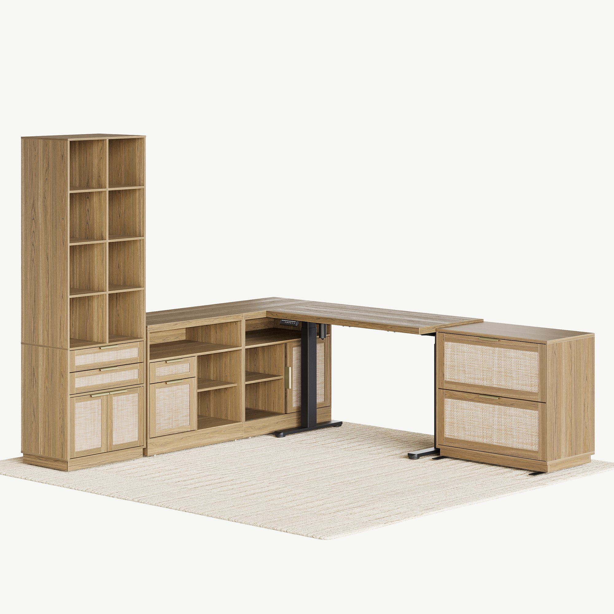 67" desk+73" Bookshelf+2 Drawers / Rattan - Light Walnut