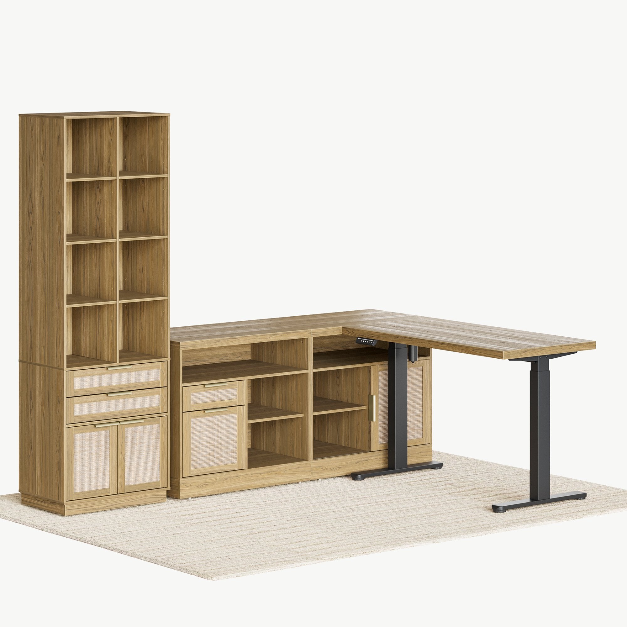 67" Desk+73" Bookshelf / Rattan - Light Walnut
