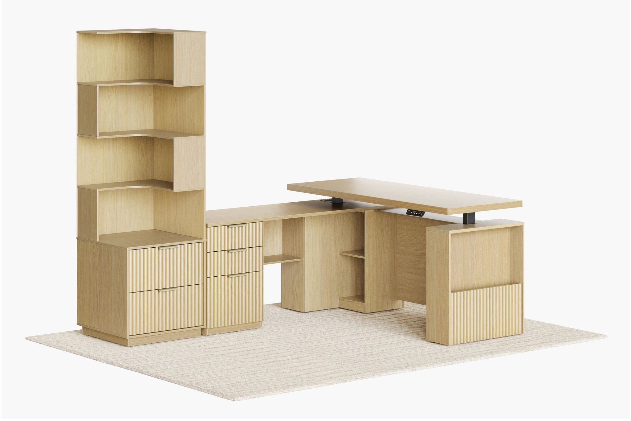 63" Desk + 6 Tier Corner Bookshelf / Fluted - Natural Oak