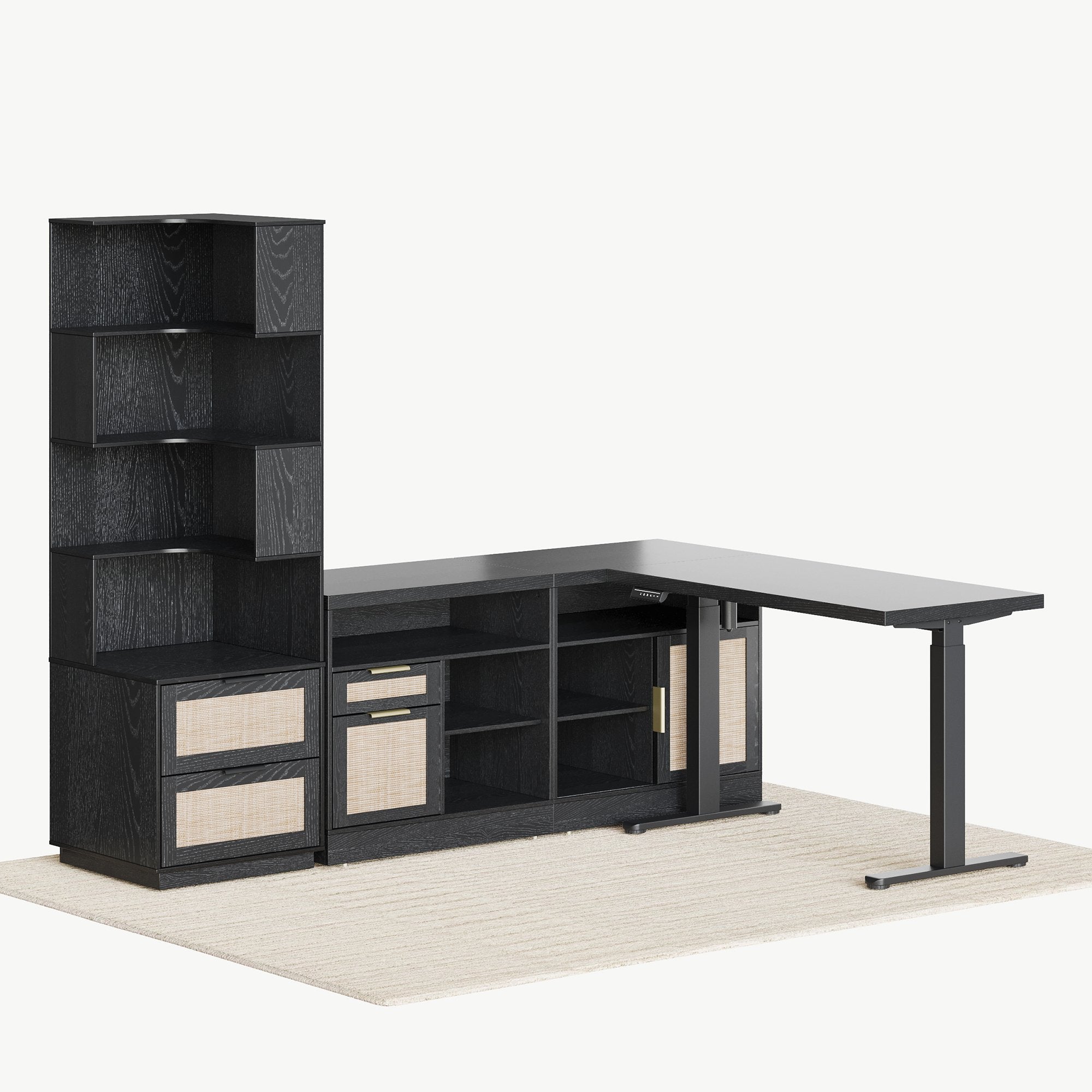 67" Desk + 71" Bookshelf / Rattan - Black