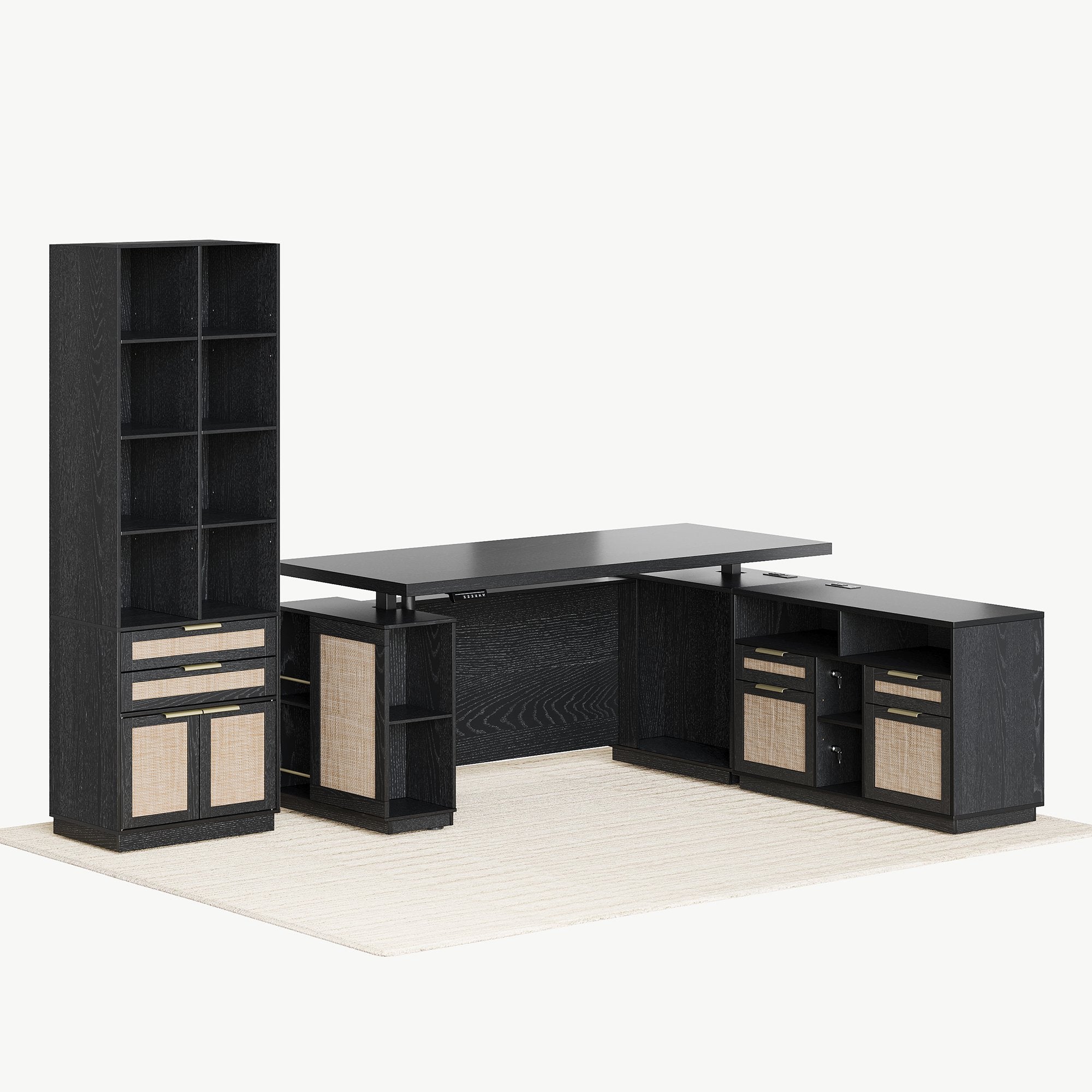 70" Desk + 73" Tall Fluted Bookshelf / Rattan - Black