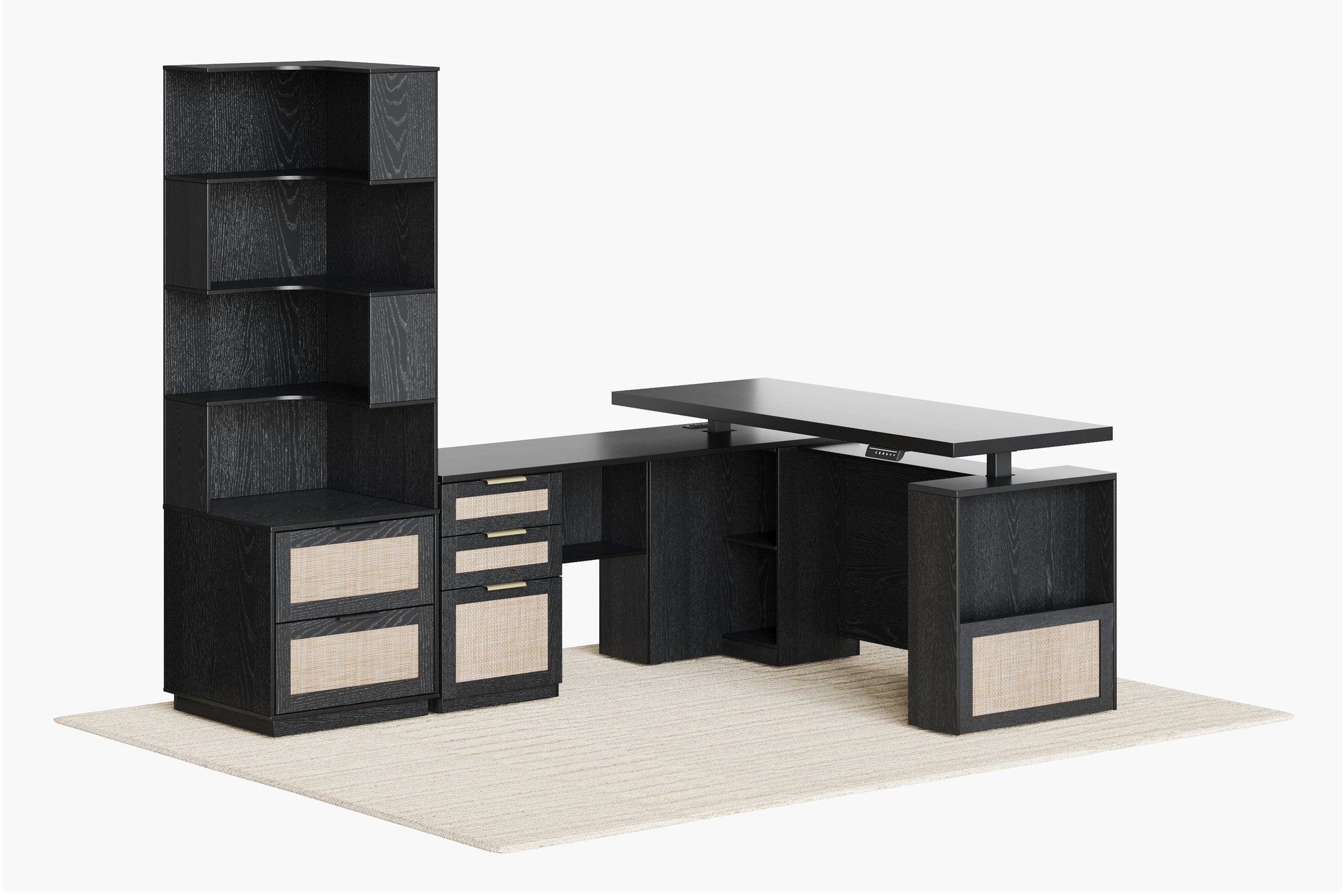 63" Desk + 6 Tier Corner Bookshelf / Rattan - Black