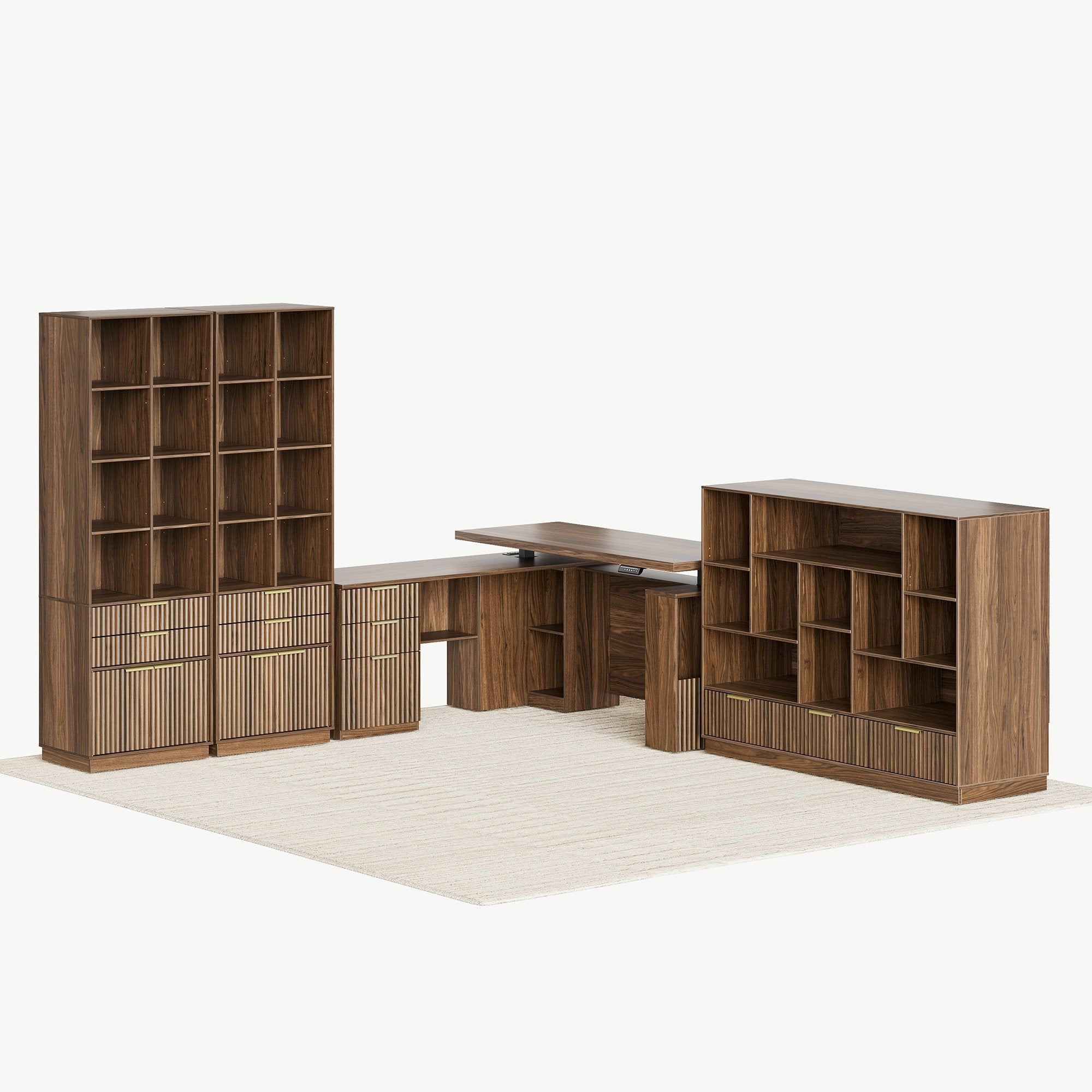 63" desk+Dual 73" Bookshelf+60" Wide Bookshelf / Fluted - Dark Walnut