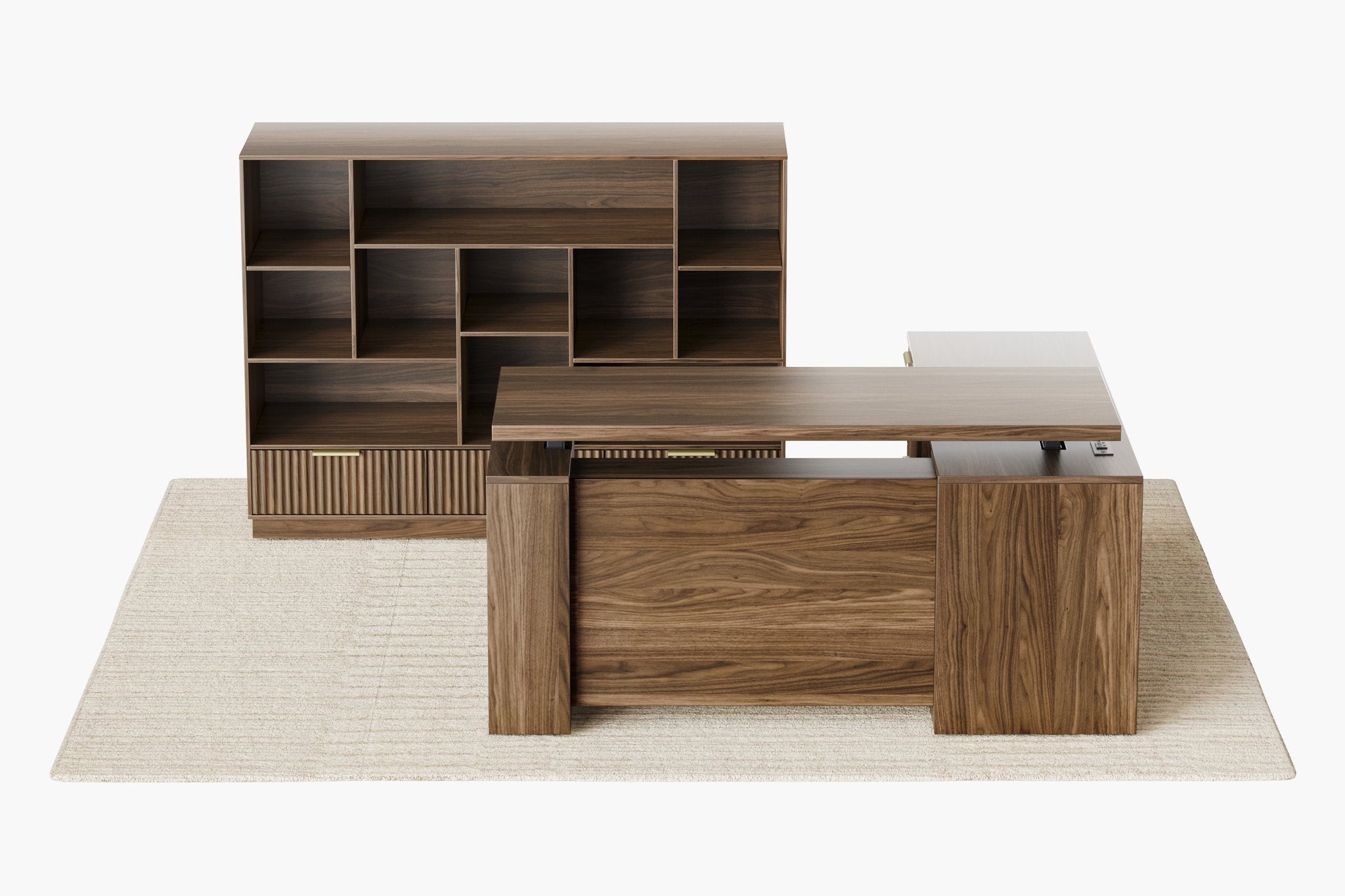 63" Desk + 60" Wide Bookshelf / Fluted - Dark Walnut