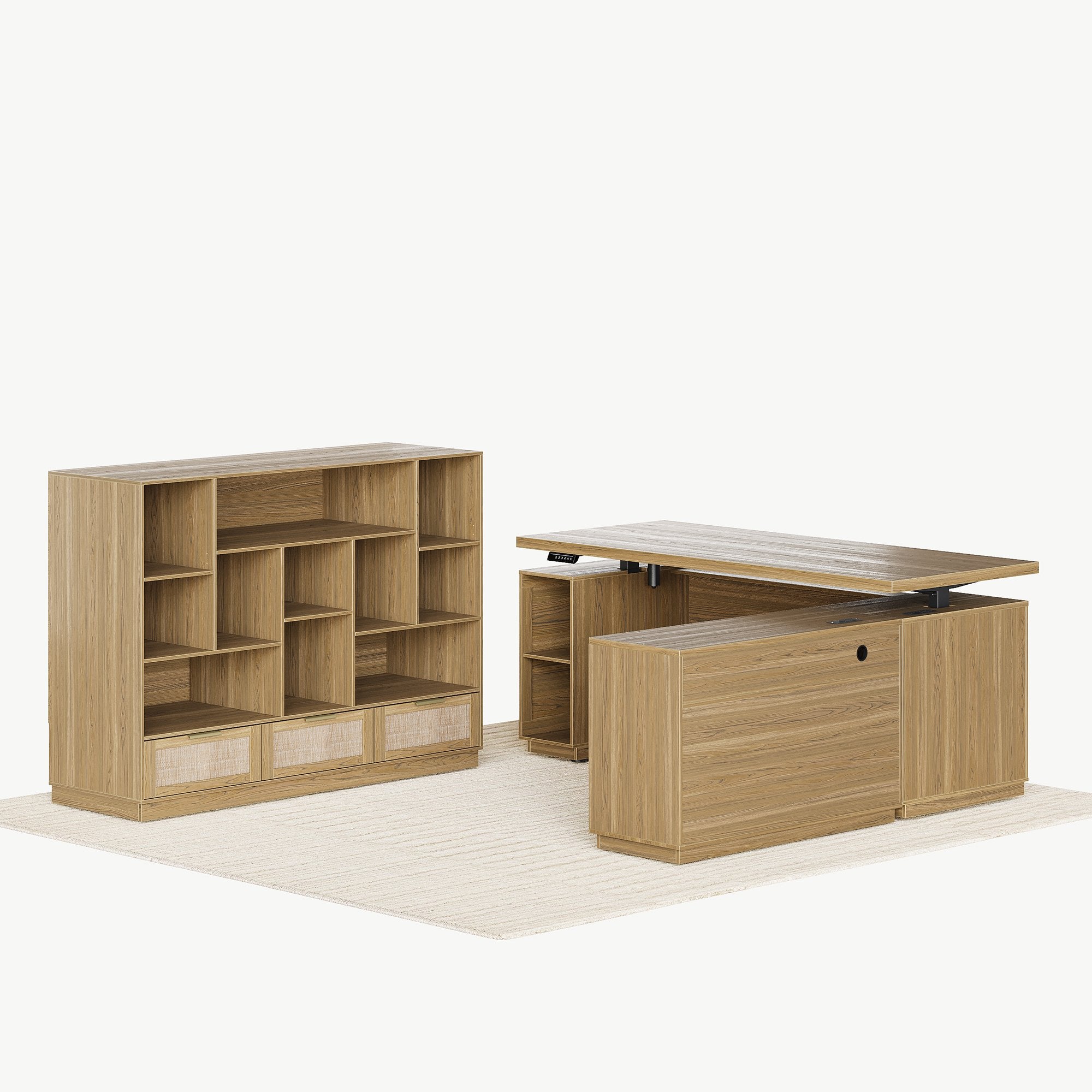 70" Desk with 4 Drawer Wood File Cabinet + 60" Wide Bookshelf / Rattan - Light Walnut
