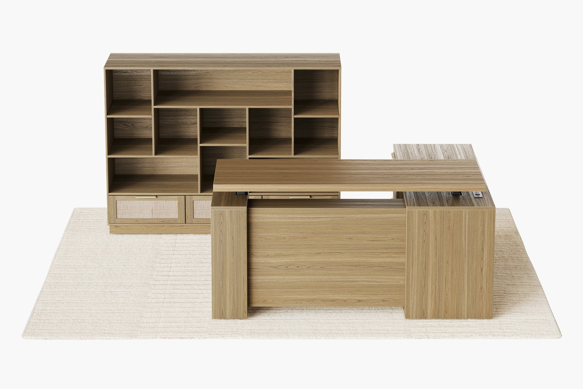 63" Desk + 60" Wide Bookshelf / Rattan - Light Walnut