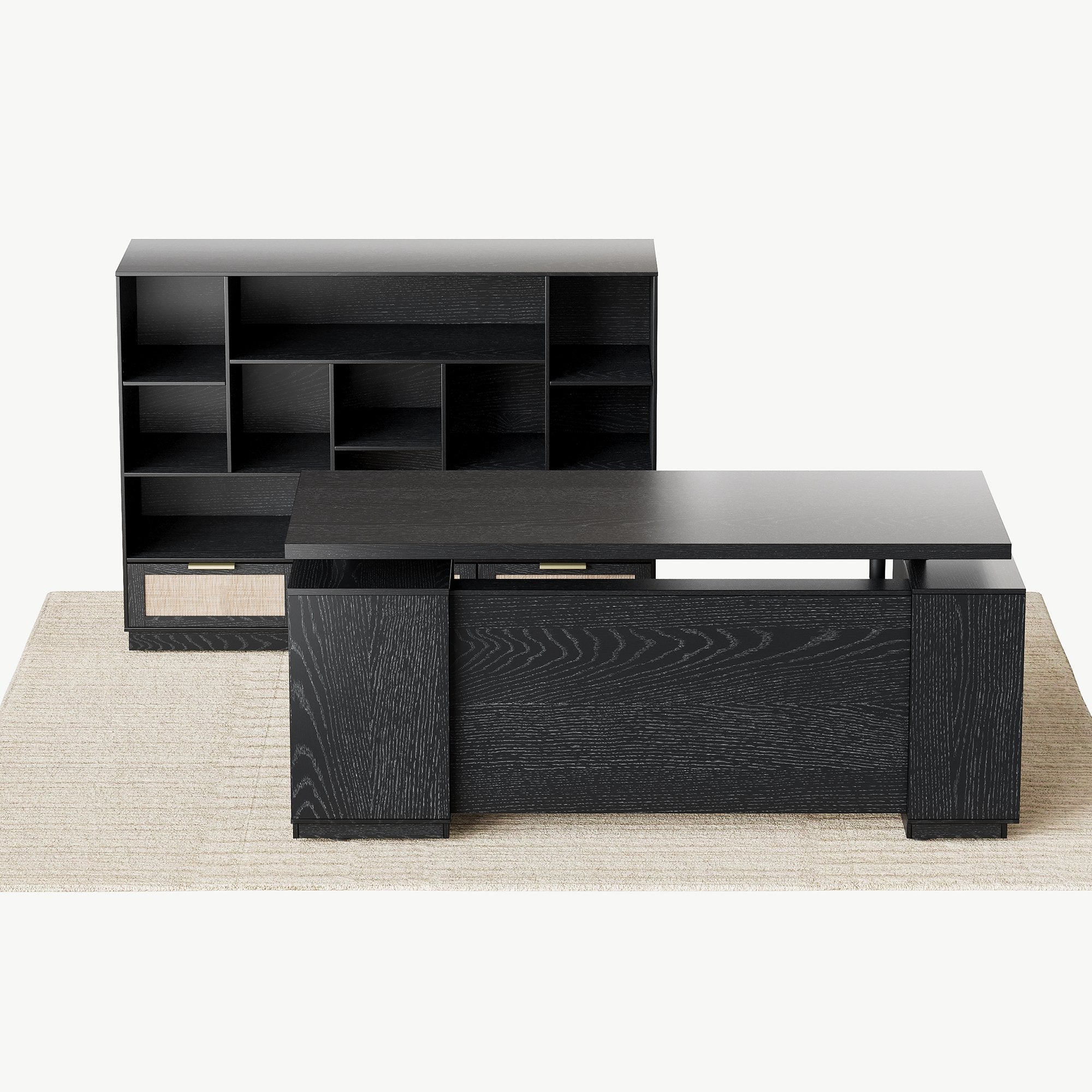 70" Desk + 60" Wide Bookshelf / Rattan - Black