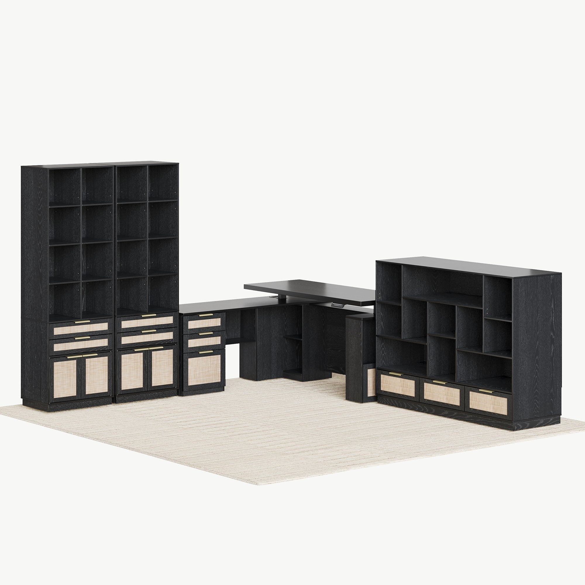 63" desk+Dual 73" Bookshelf+60" Wide Bookshelf / Rattan - Black