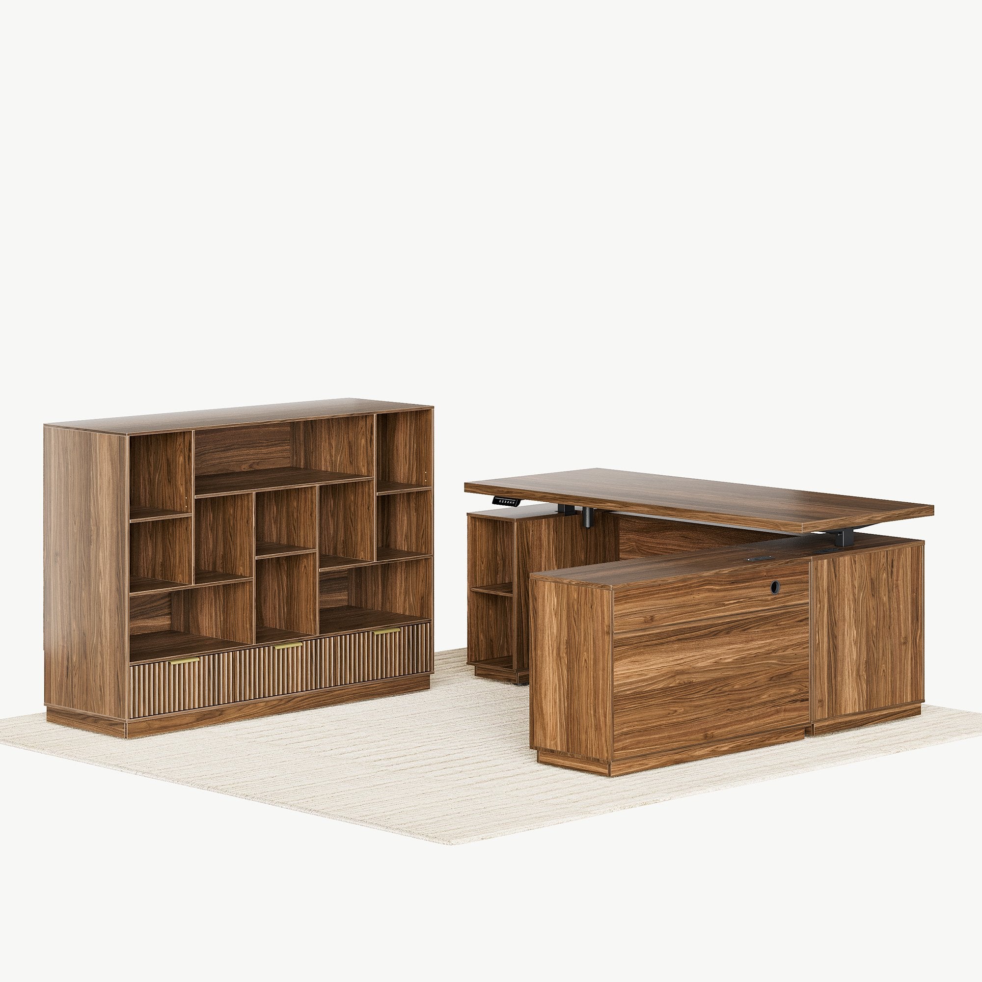 70" Desk with 4 Drawer Wood File Cabinet + 60" Wide Bookshelf / Fluted - Dark Walnut