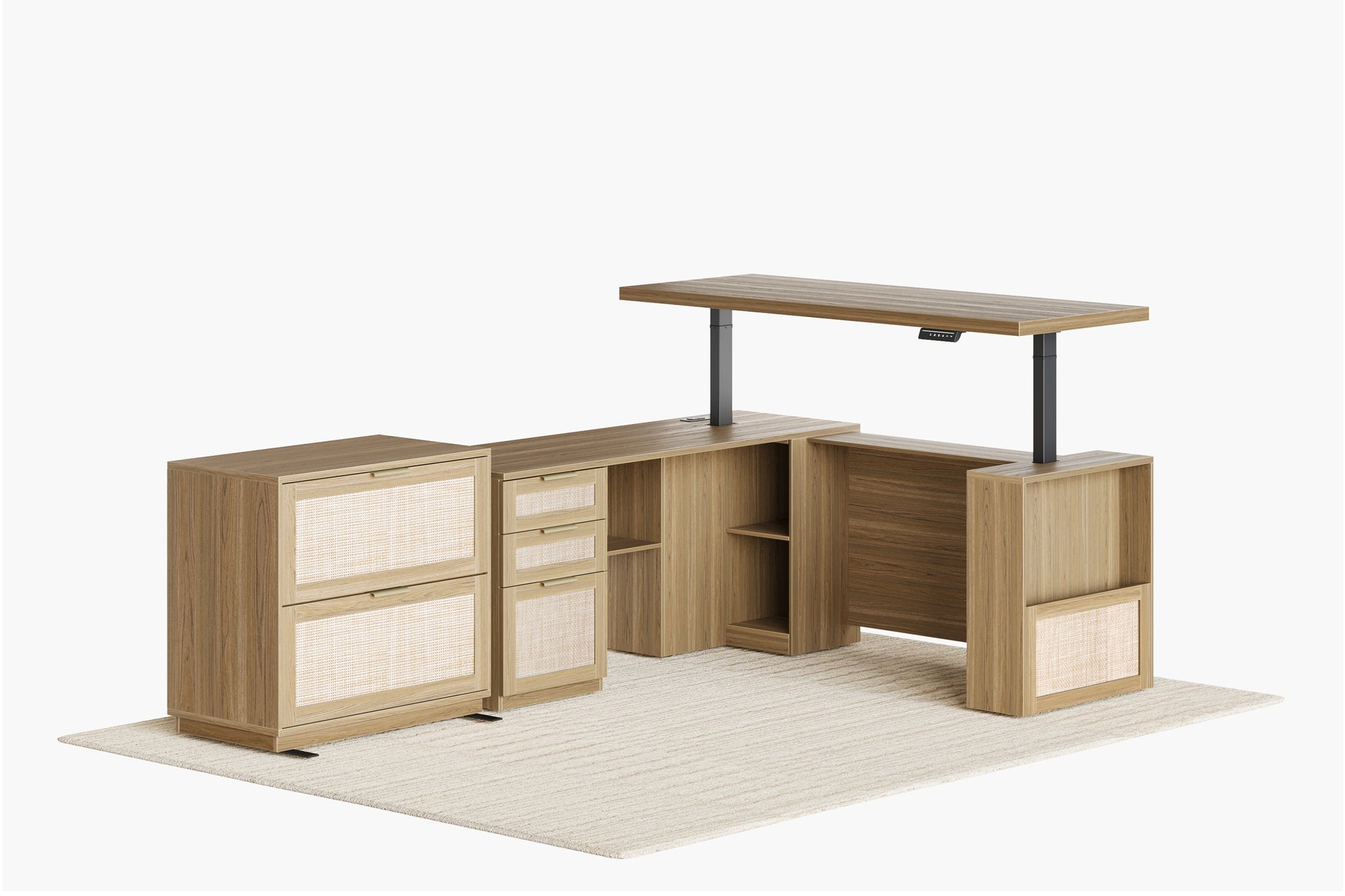 63" Desk + 2 Drawer Wood File Cabinet / Rattan - Light Walnut