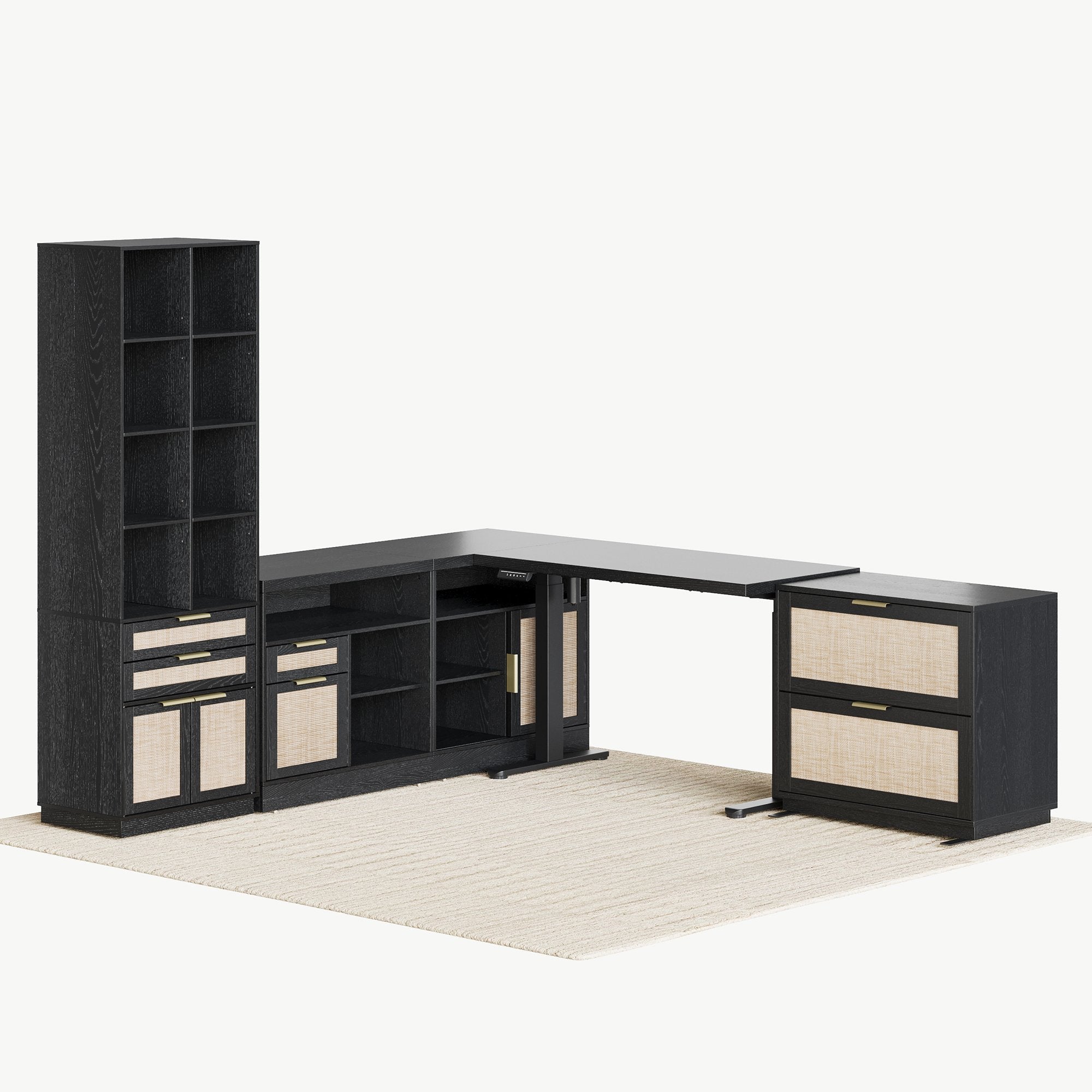 67" desk+73" Bookshelf+2 Drawers / Rattan - Black