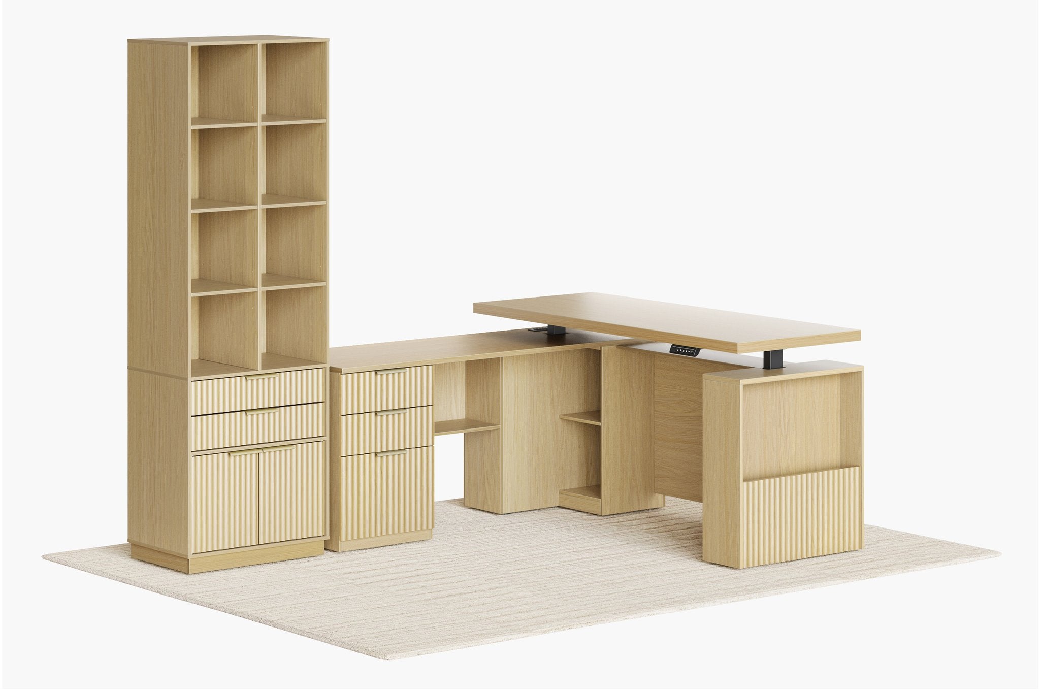 63" Desk + 73" Tall Fluted Bookshelf / Fluted - Natural Oak