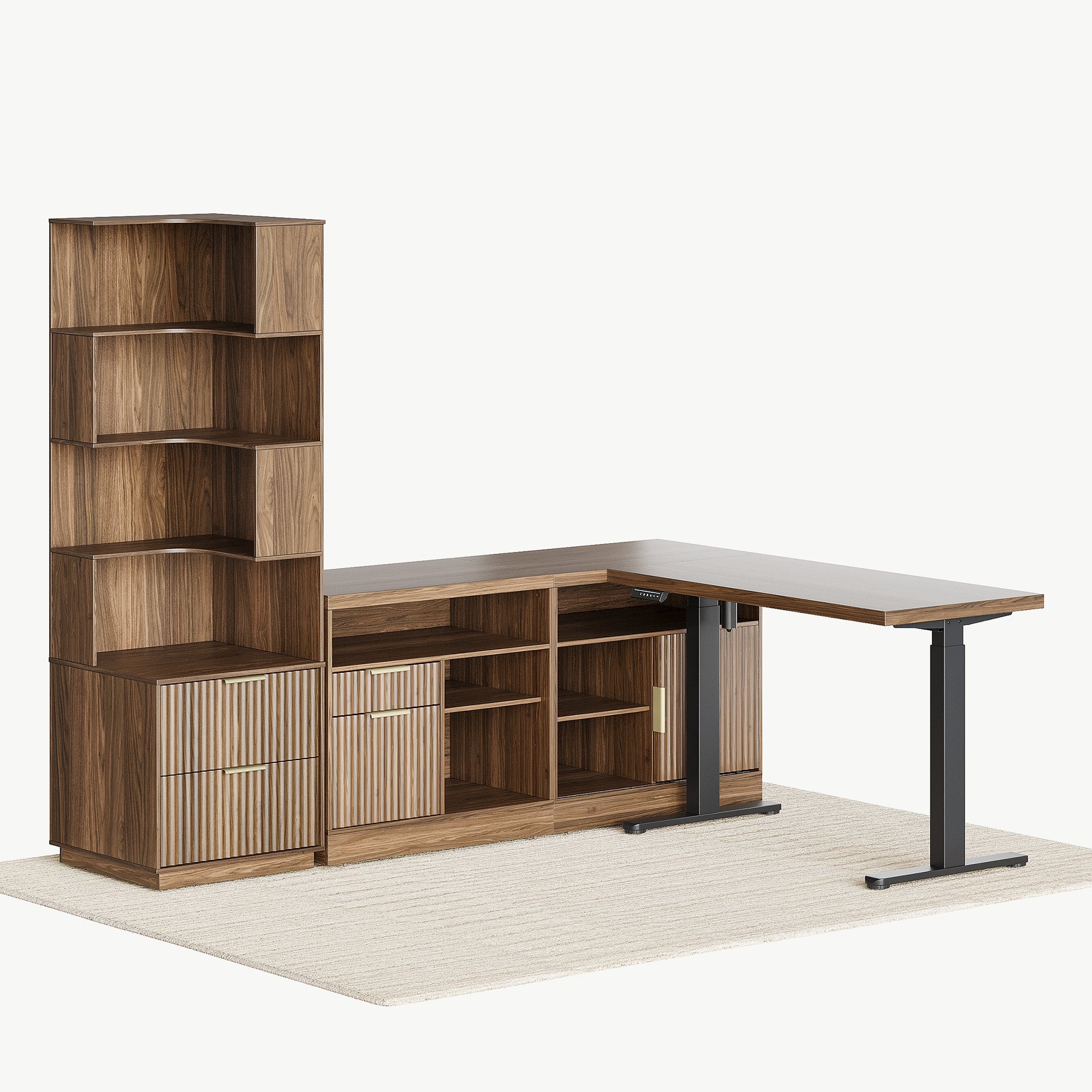 67" Desk + 71" Bookshelf / Fluted - Dark Walnut