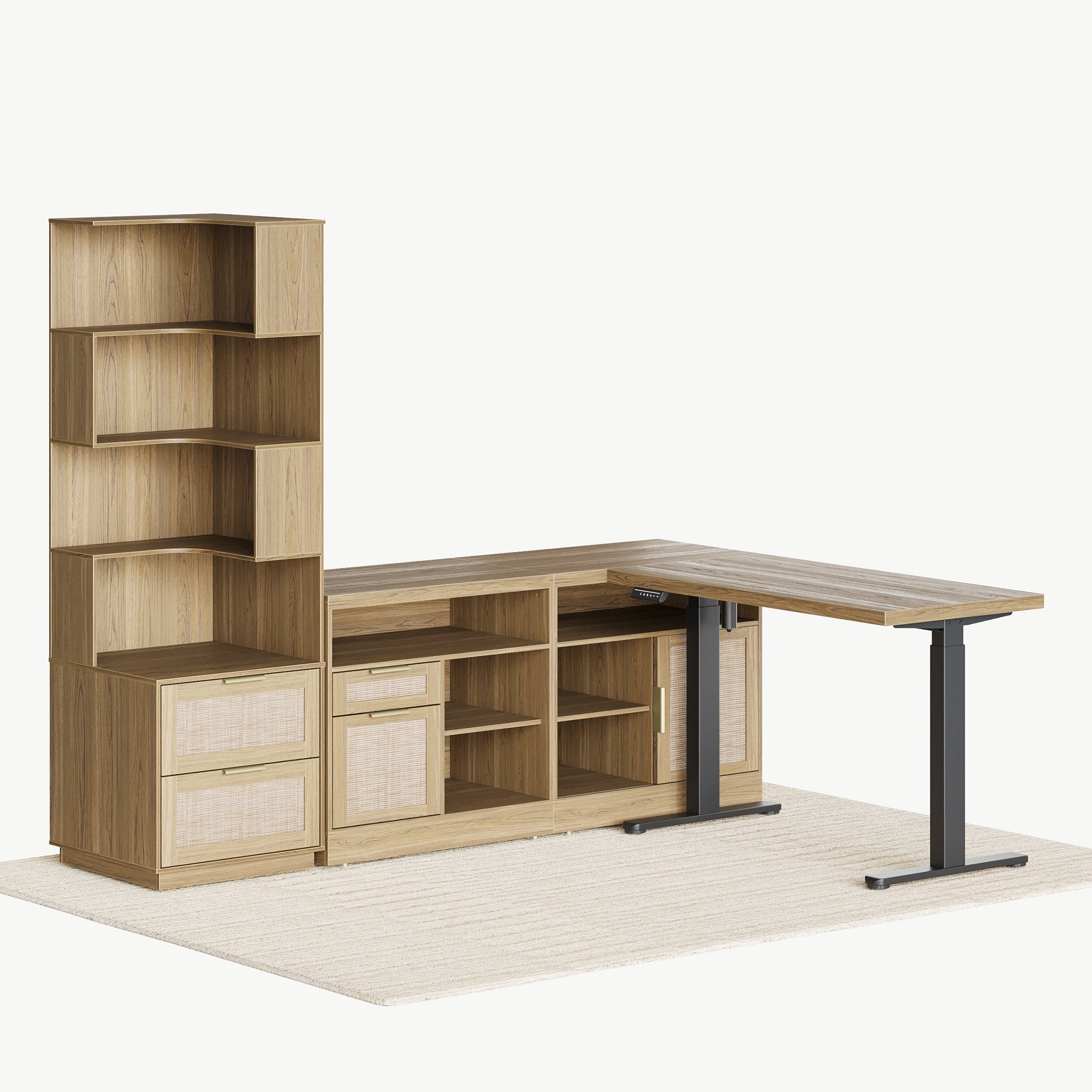 67" Desk + 71" Bookshelf / Rattan - Light Walnut