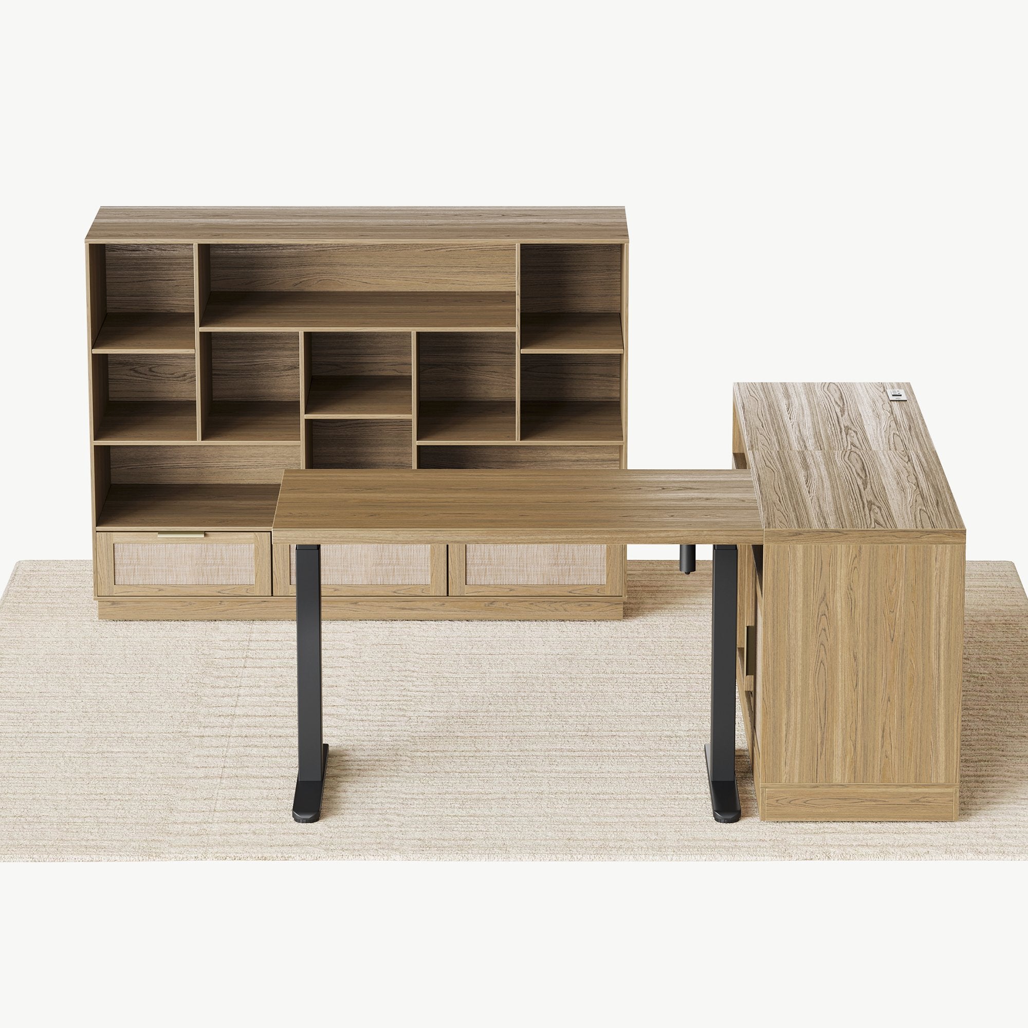 67" Desk + 60" Wide Bookshelf / Rattan - Light Walnut