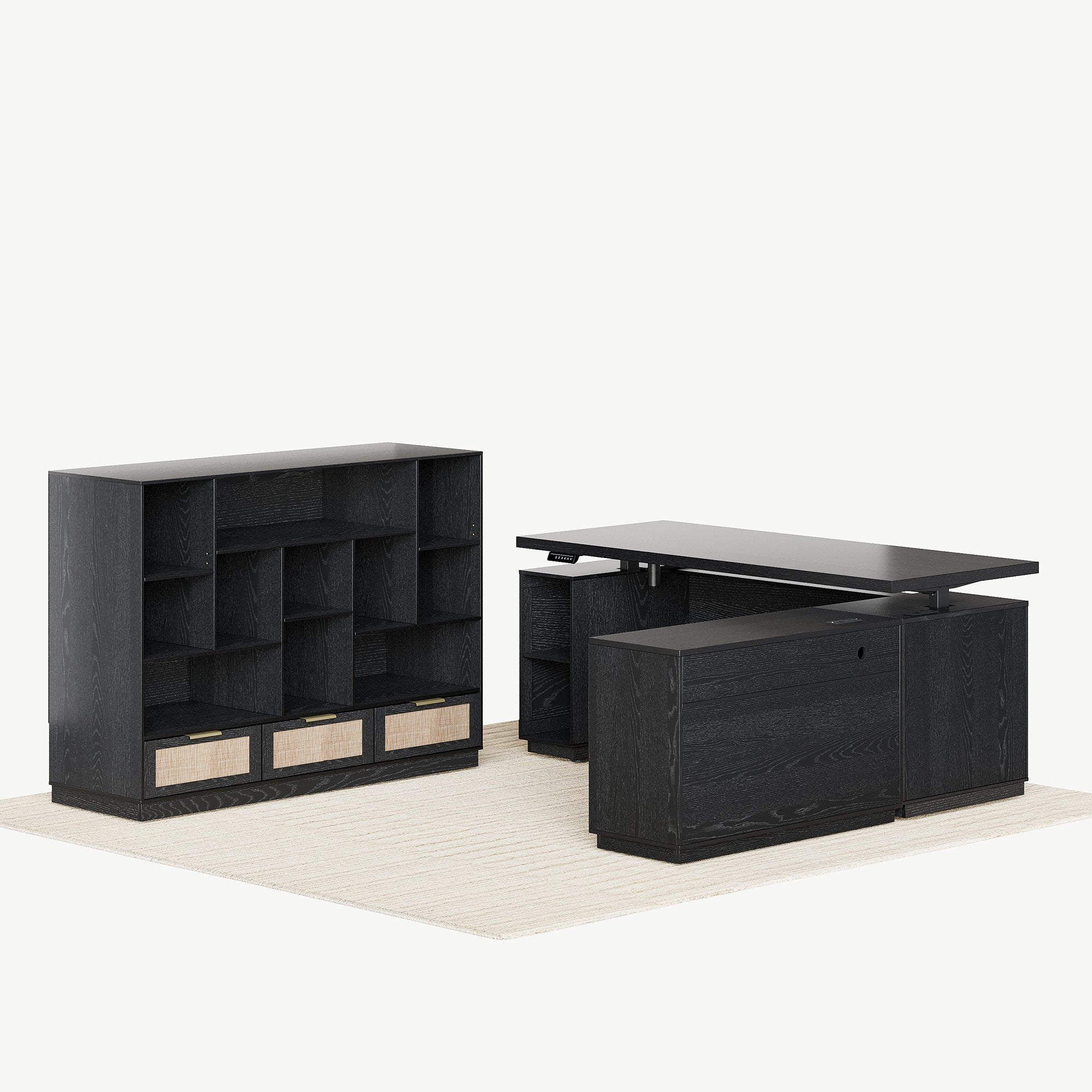 70" Desk with 4 Drawer Wood File Cabinet + 60" Wide Bookshelf / Rattan - Black
