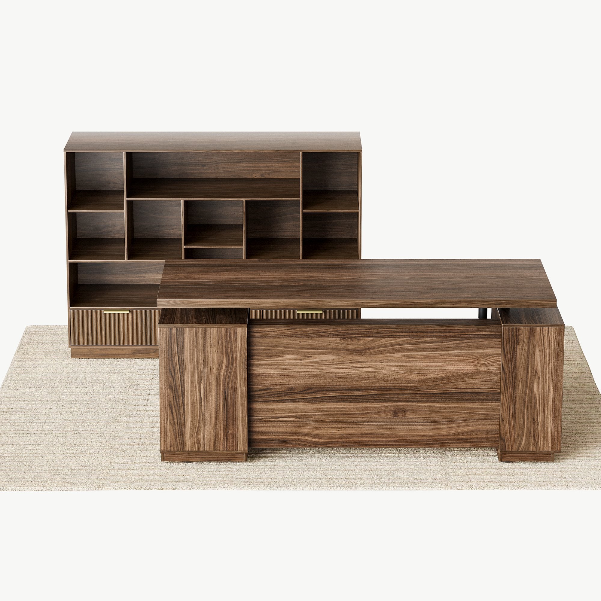 70" Desk + 60" Wide Bookshelf / Fluted - Dark Walnut