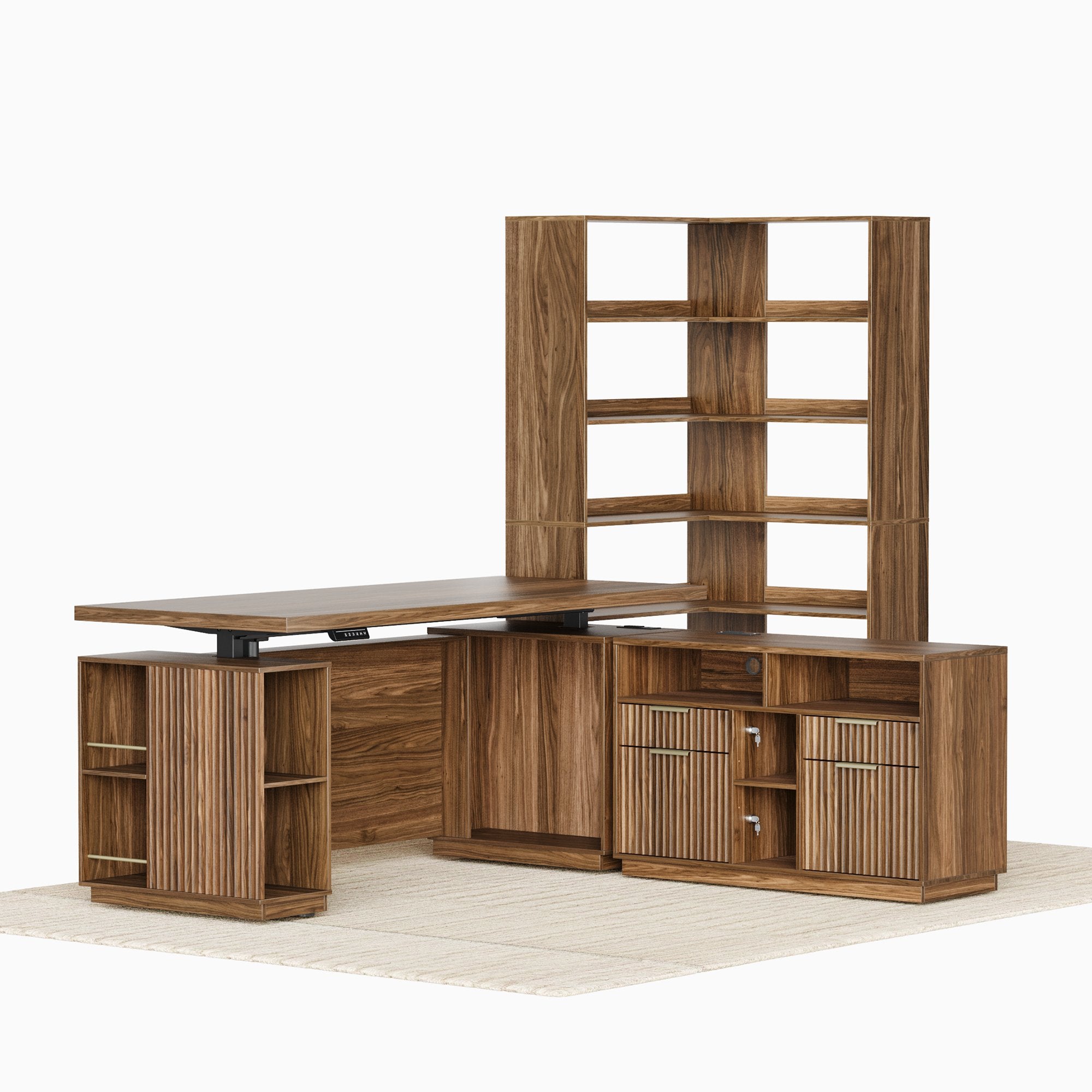 70'' Excutive Desk + 73'' Corner Bookshelf/ Fluted - Dark Walnut