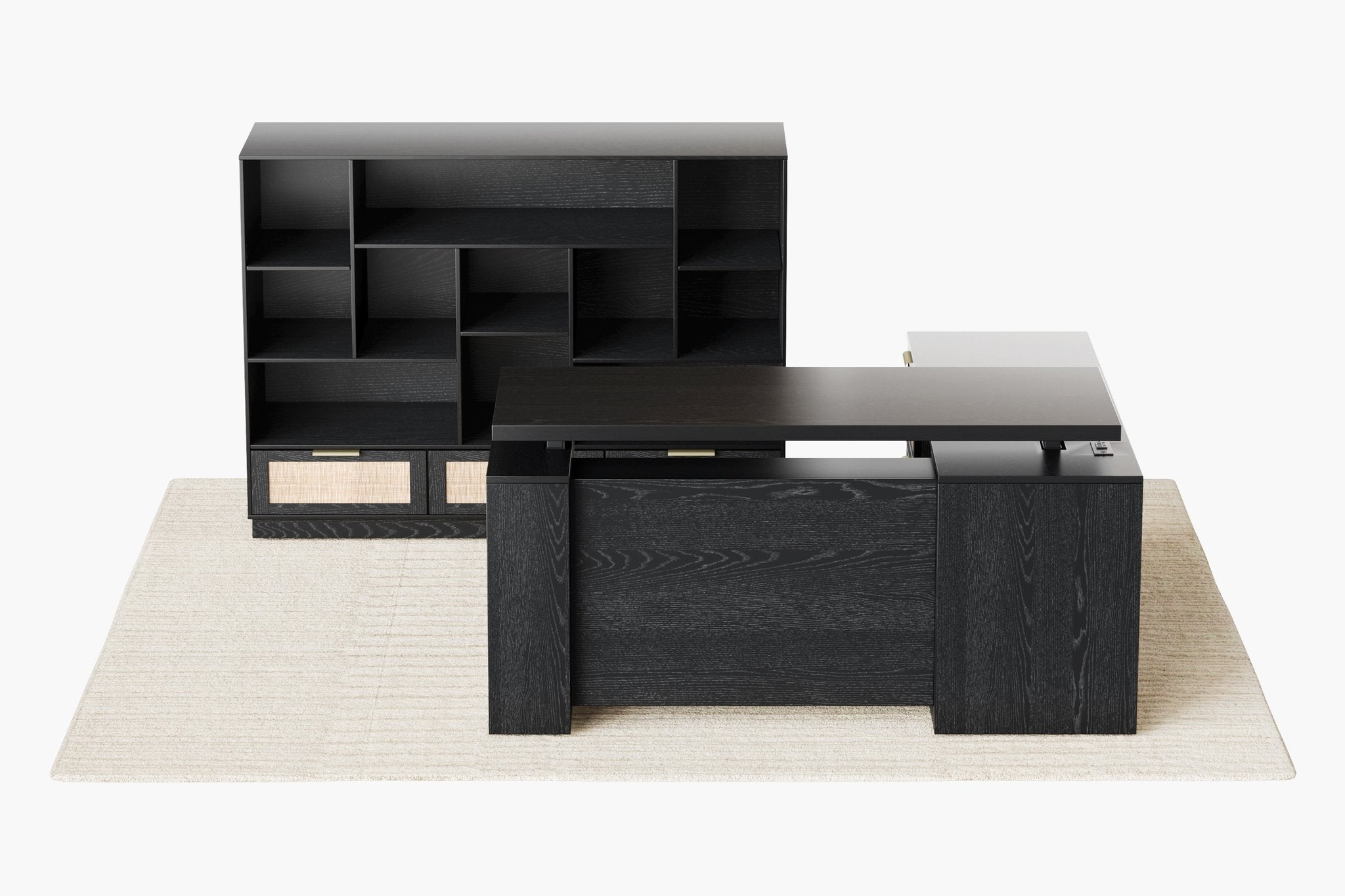 63" Desk + 60" Wide Bookshelf / Rattan - Black
