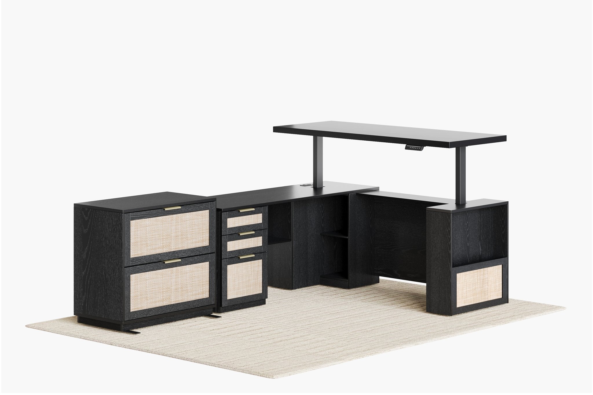 63" Desk + 2 Drawer Wood File Cabinet / Rattan - Black