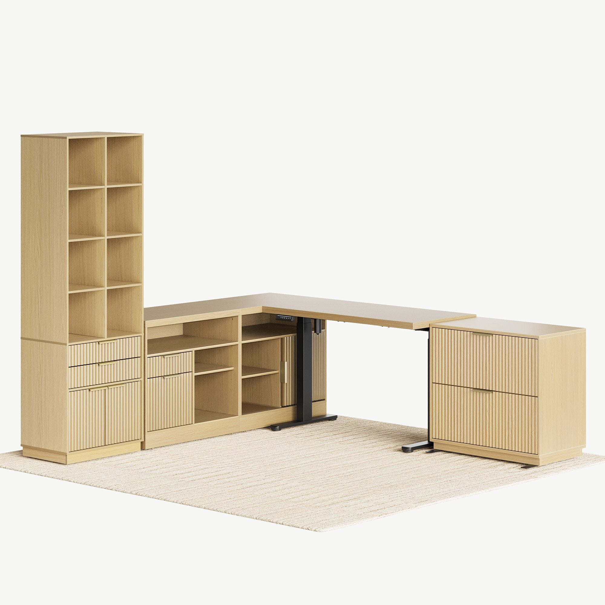 67" desk+73" Bookshelf+2 Drawers / Fluted - Natural Oak