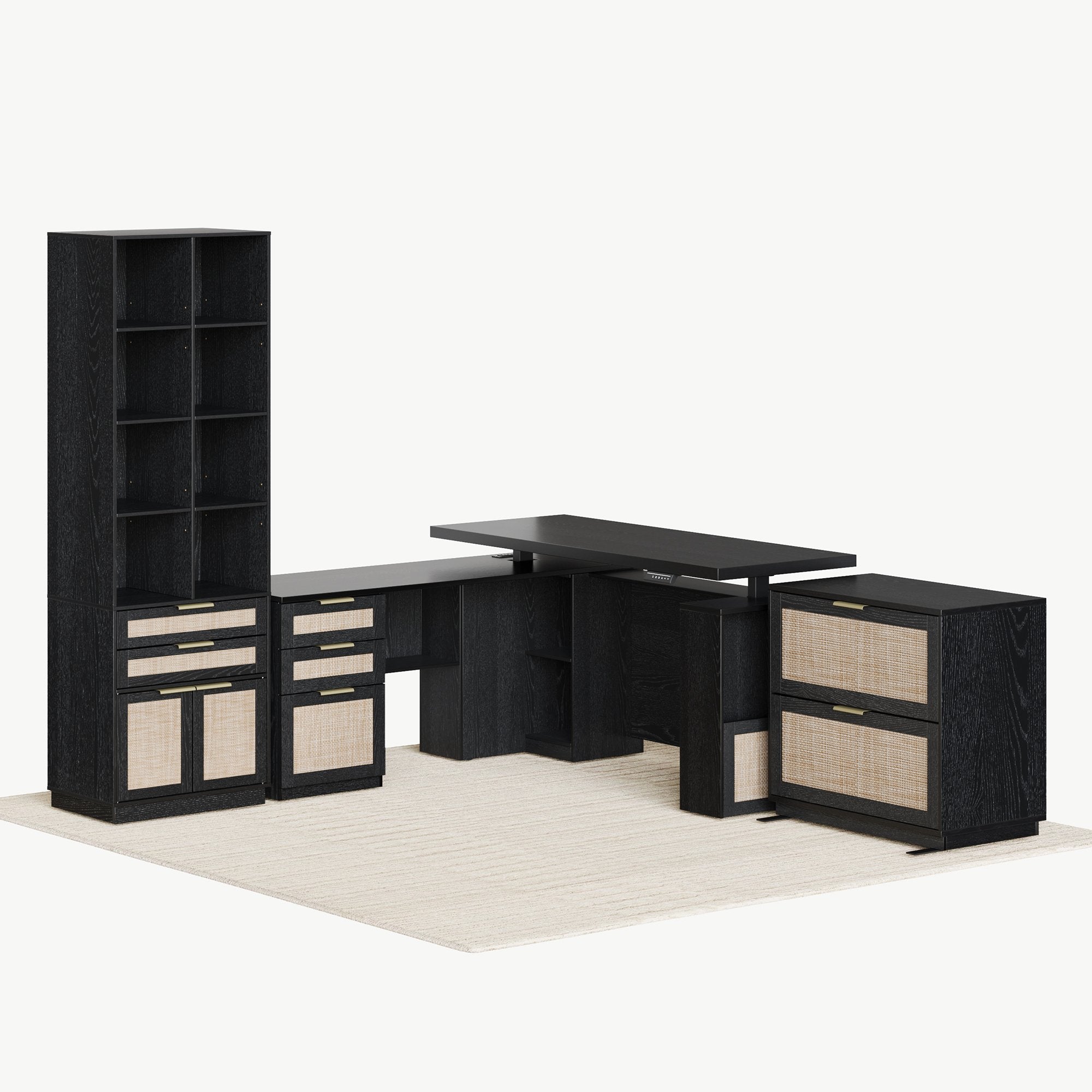 63" desk+73" Bookshelf+2 Drawers / Rattan - Black