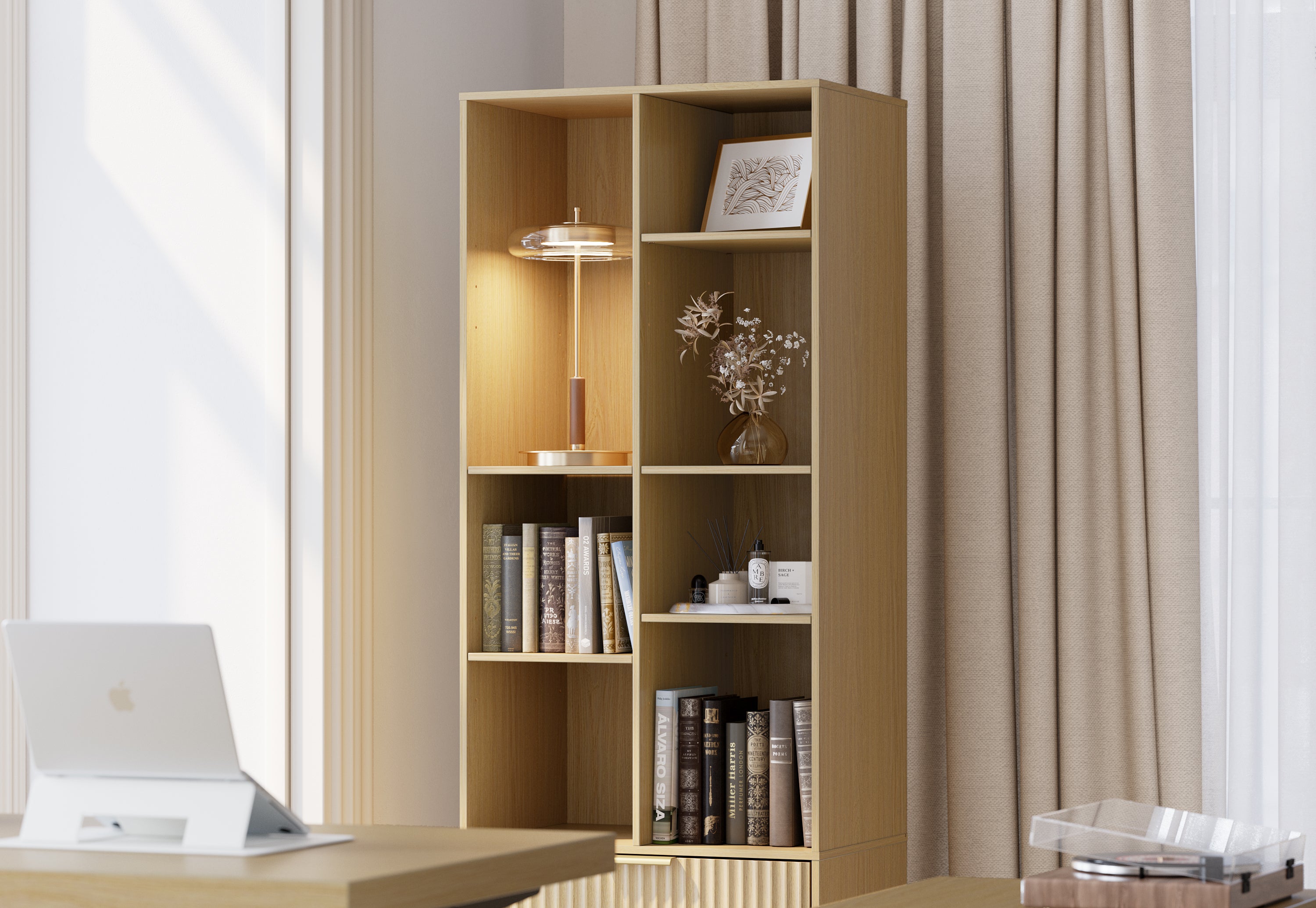 63" desk+Dual 73" Bookshelf+60" Wide Bookshelf/ Fluted - Natural Oak