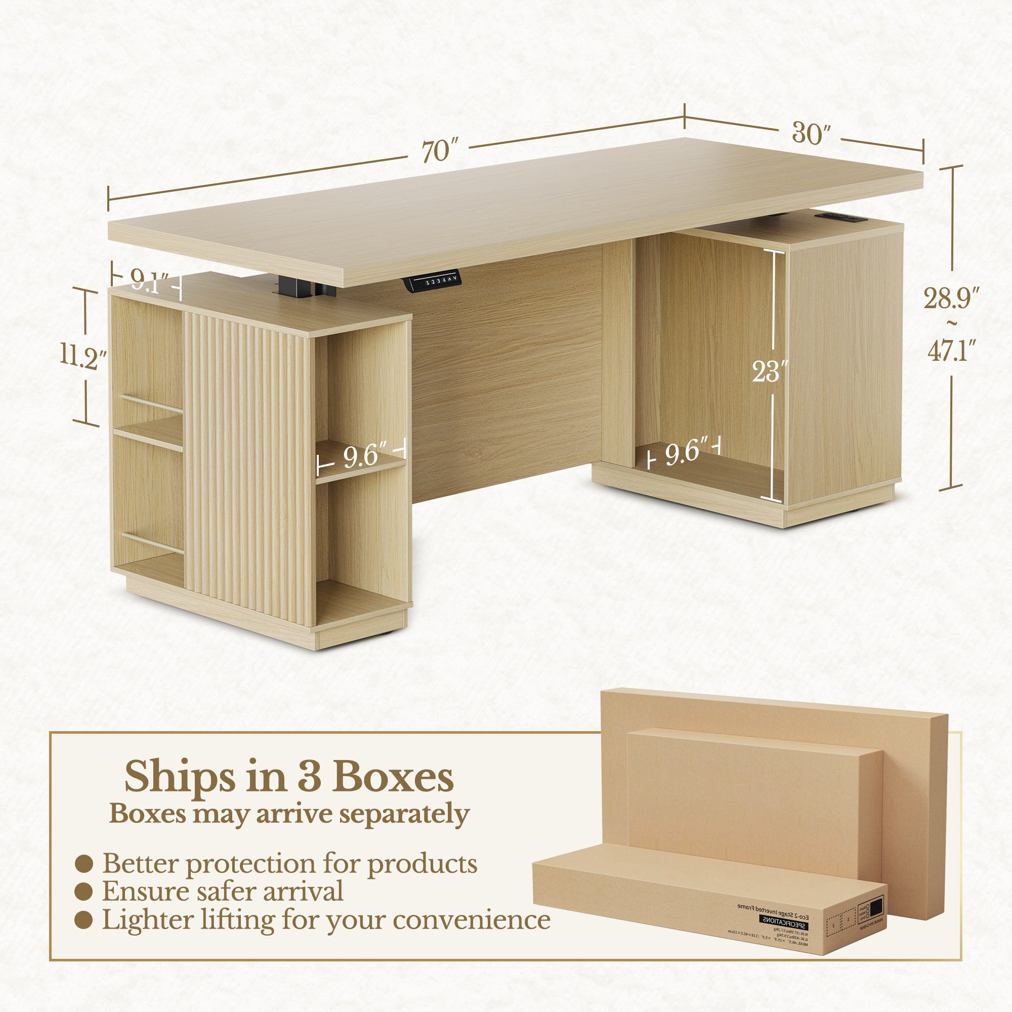 70" Desk + 60" Wide Bookshelf / Fluted - Natural Oak
