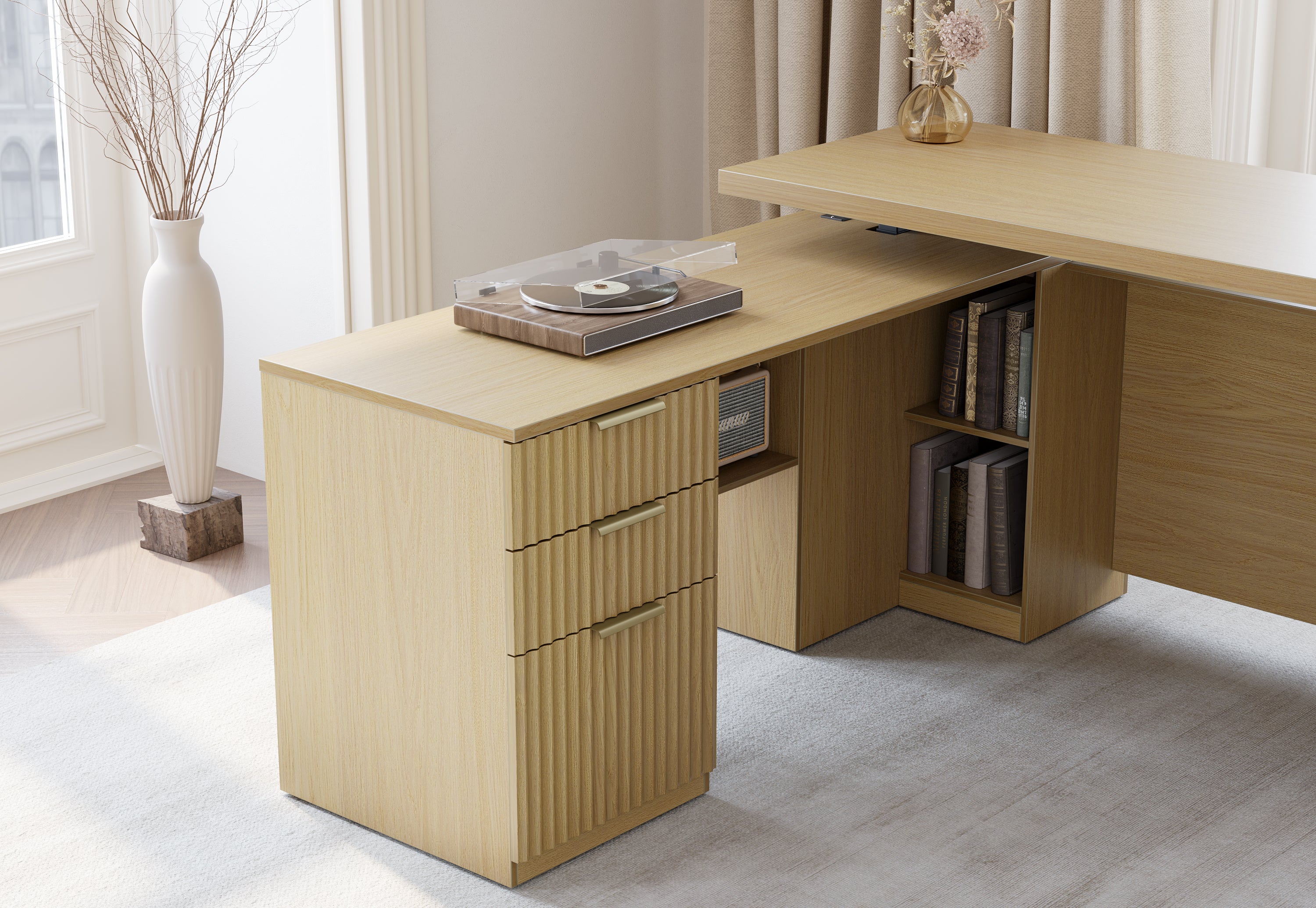 63" desk+Dual 73" Bookshelf+60" Wide Bookshelf/ Fluted - Natural Oak