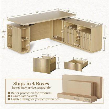 70" Desk with 4 Drawer Wood File Cabinet + 60" Wide Bookshelf / Fluted - Natural Oak