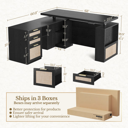 63" Desk + 73" Tall Fluted Bookshelf / Rattan - Black