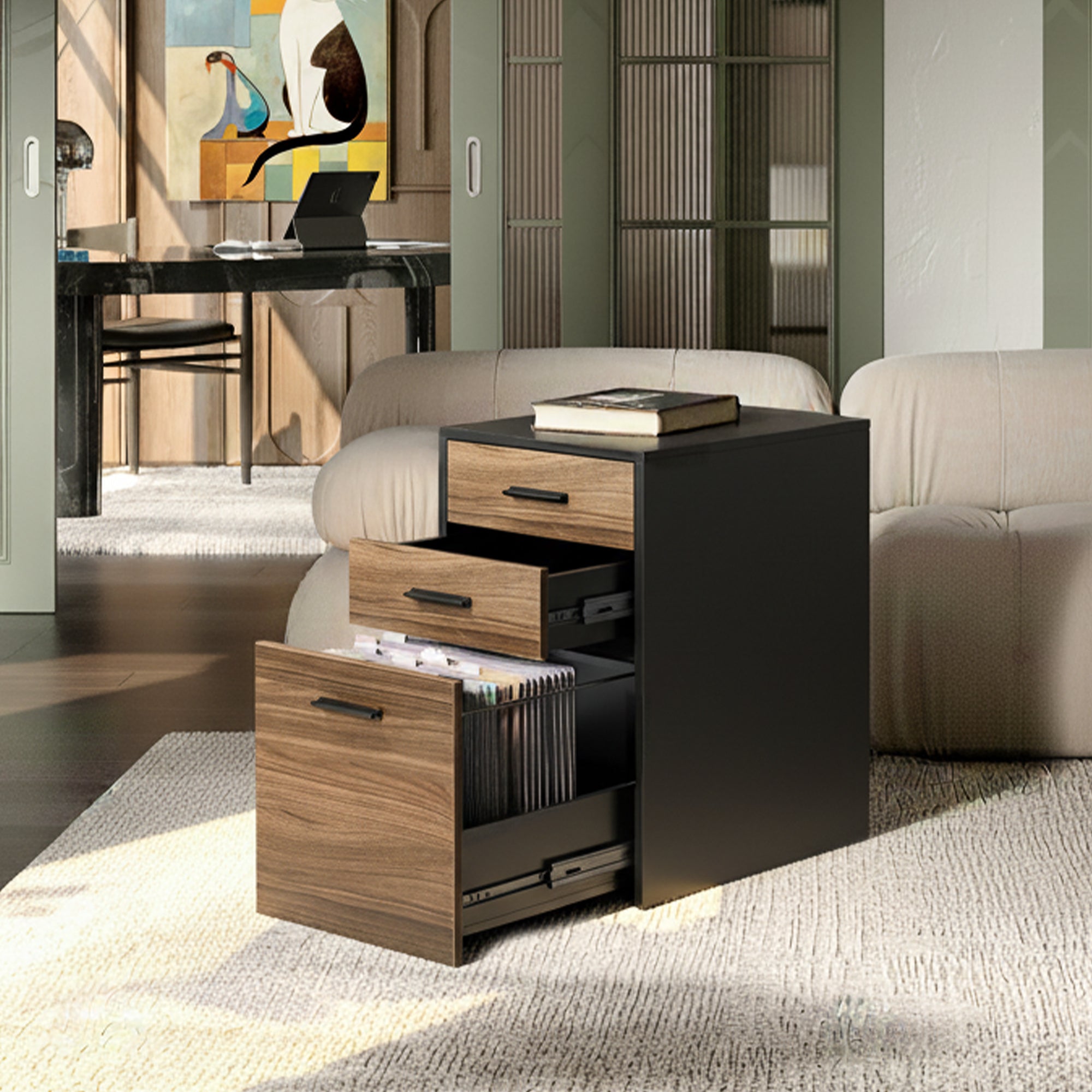 Black & Walnut 3-Drawer Home Office File Cabinet