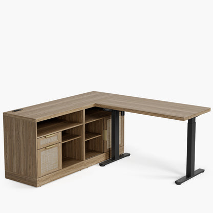 67" Desk · L-shaped + 2-Drawer File Cabinet / Rattan - Light Walnut