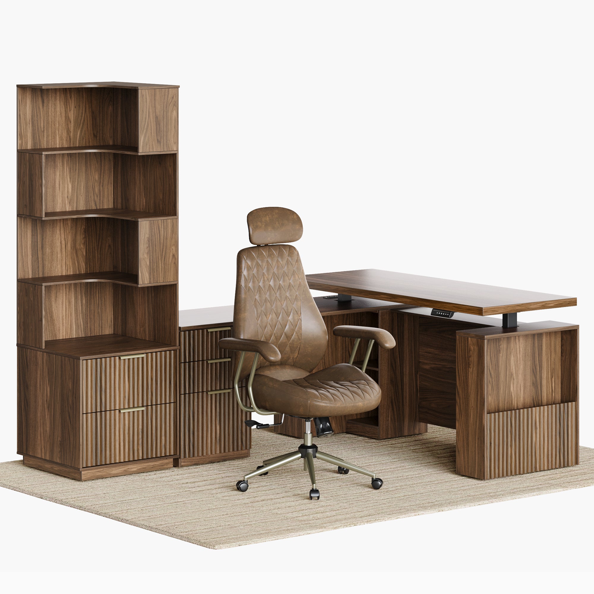 63" Premium Executive Standing Desk + Stella Advanced Ergonomic Chair + 6-Tier Corner Bookshelf with Drawers, 71" Tall Storage/ Fluted - Dark Walnut