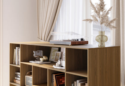70" Desk with 4 Drawer Wood File Cabinet + 60" Wide Bookshelf / Rattan - Light Walnut